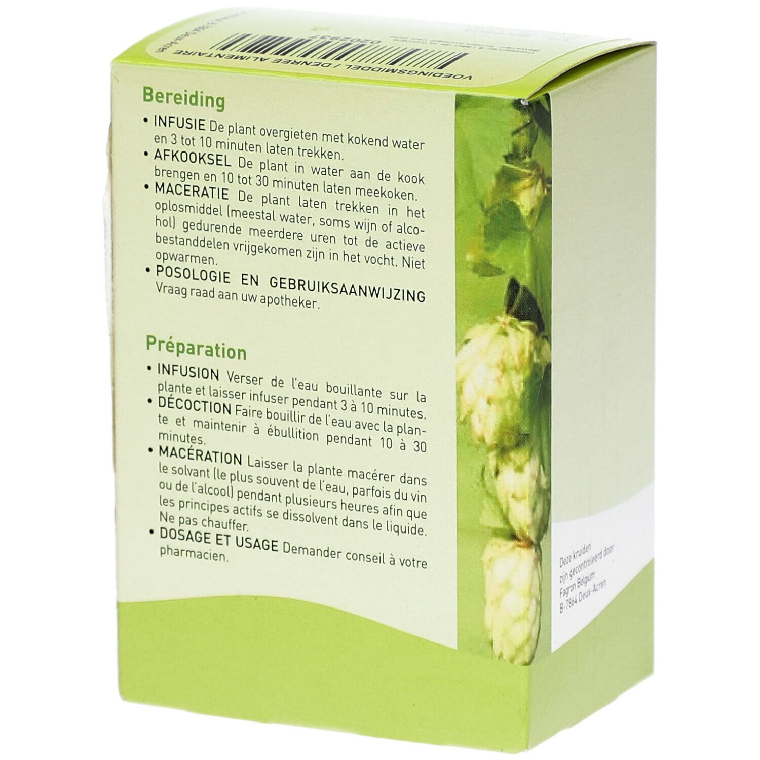 Kartonverpackung mit Produktinformationen. Enthält Zubereitungsanweisungen in mehreren Sprachen. Grüner Hintergrund.