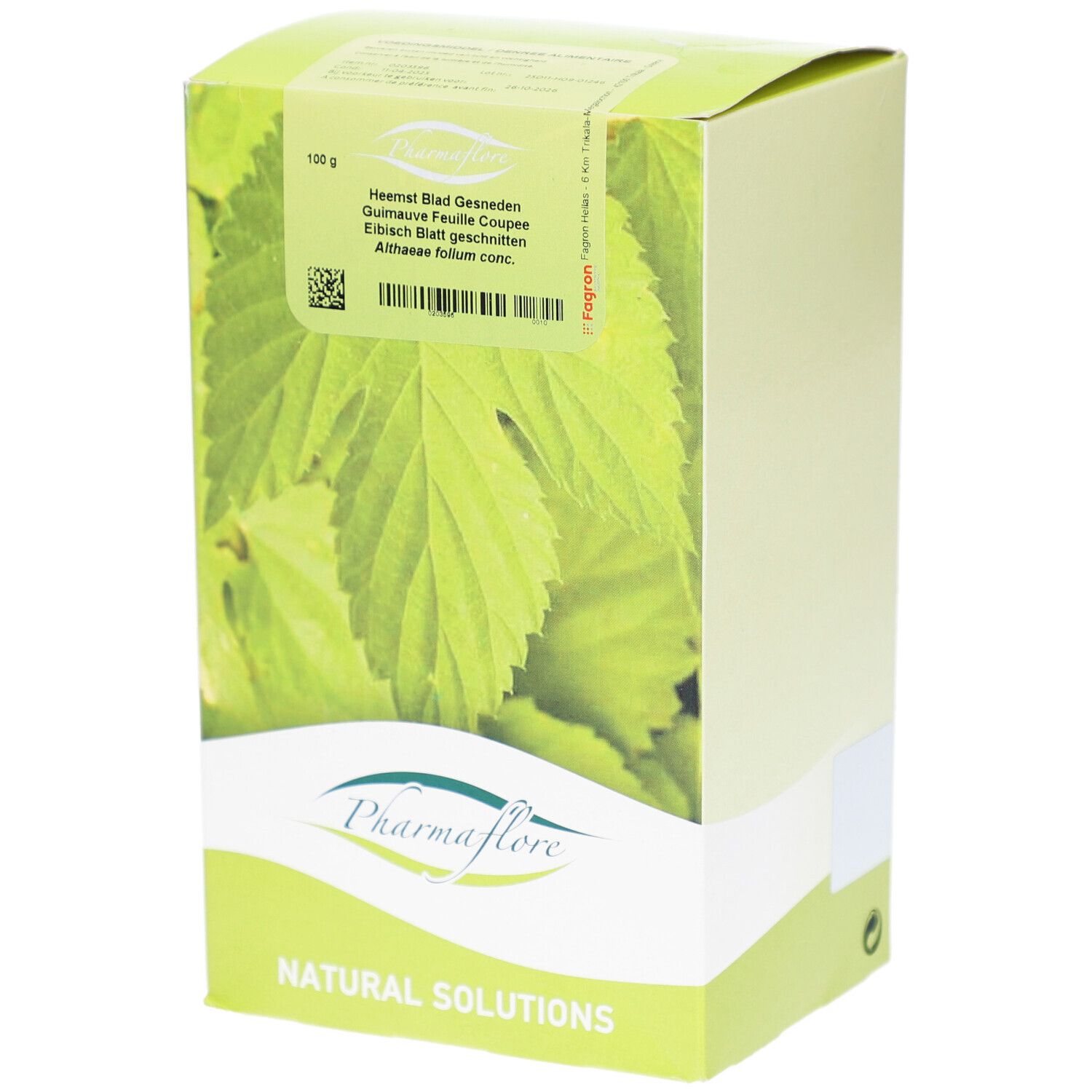 Verpackung von Pharmaflore. Aufdruck: Heemst Blad Gesneden, Guimauve Feuille Coupée, Eibisch Blatt geschnitten. 100g.