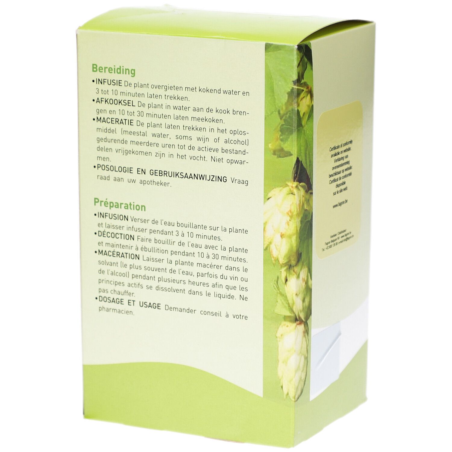 Seite der Pharmaflore-Verpackung. Text: Zubereitung, Infusion, Dekoktion, Mazeration. Dosierung und Anwendung. Logo Pharmaflore.