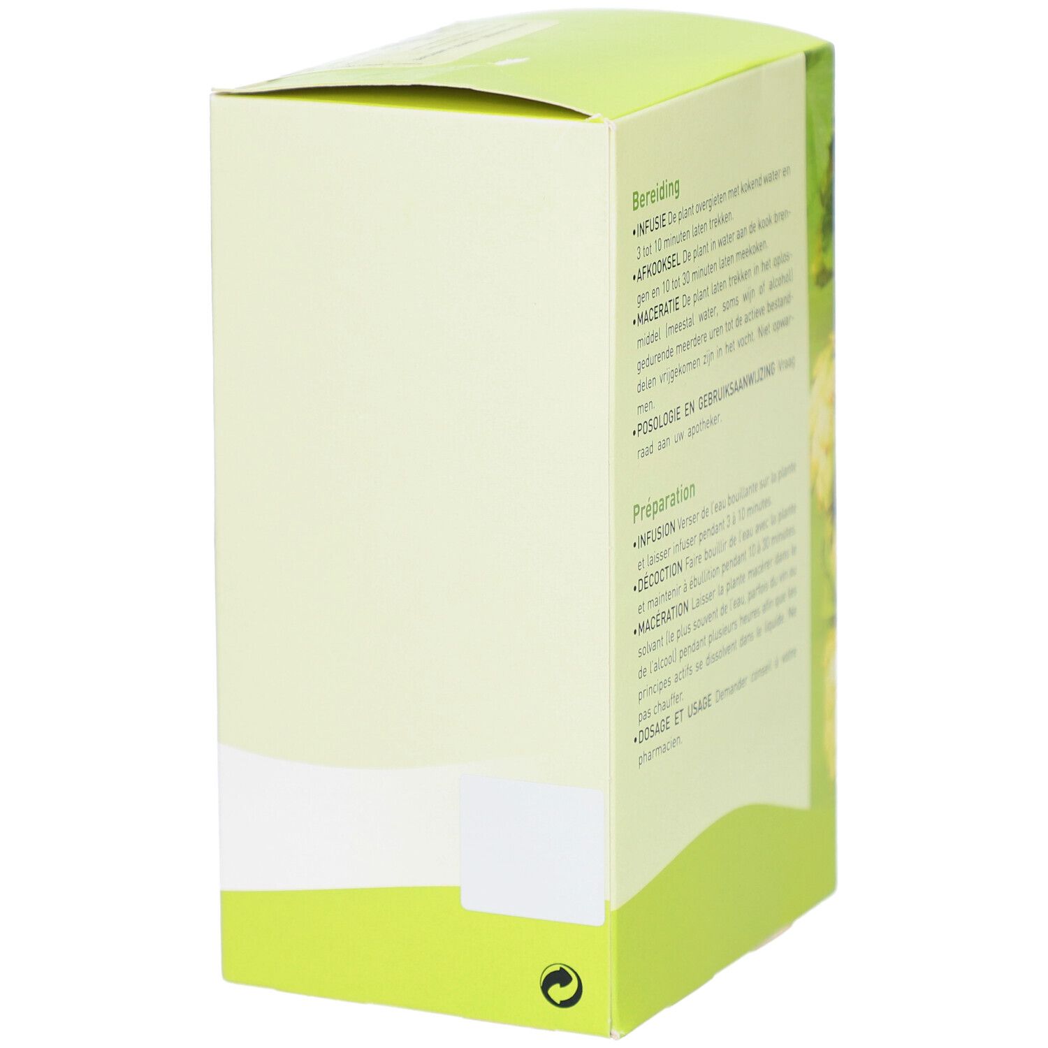 Seite der Pharmaflore-Verpackung. Text: Zubereitung, Infusion, Dekoktion, Mazeration. Dosierung und Anwendung. Logo Pharmaflore.