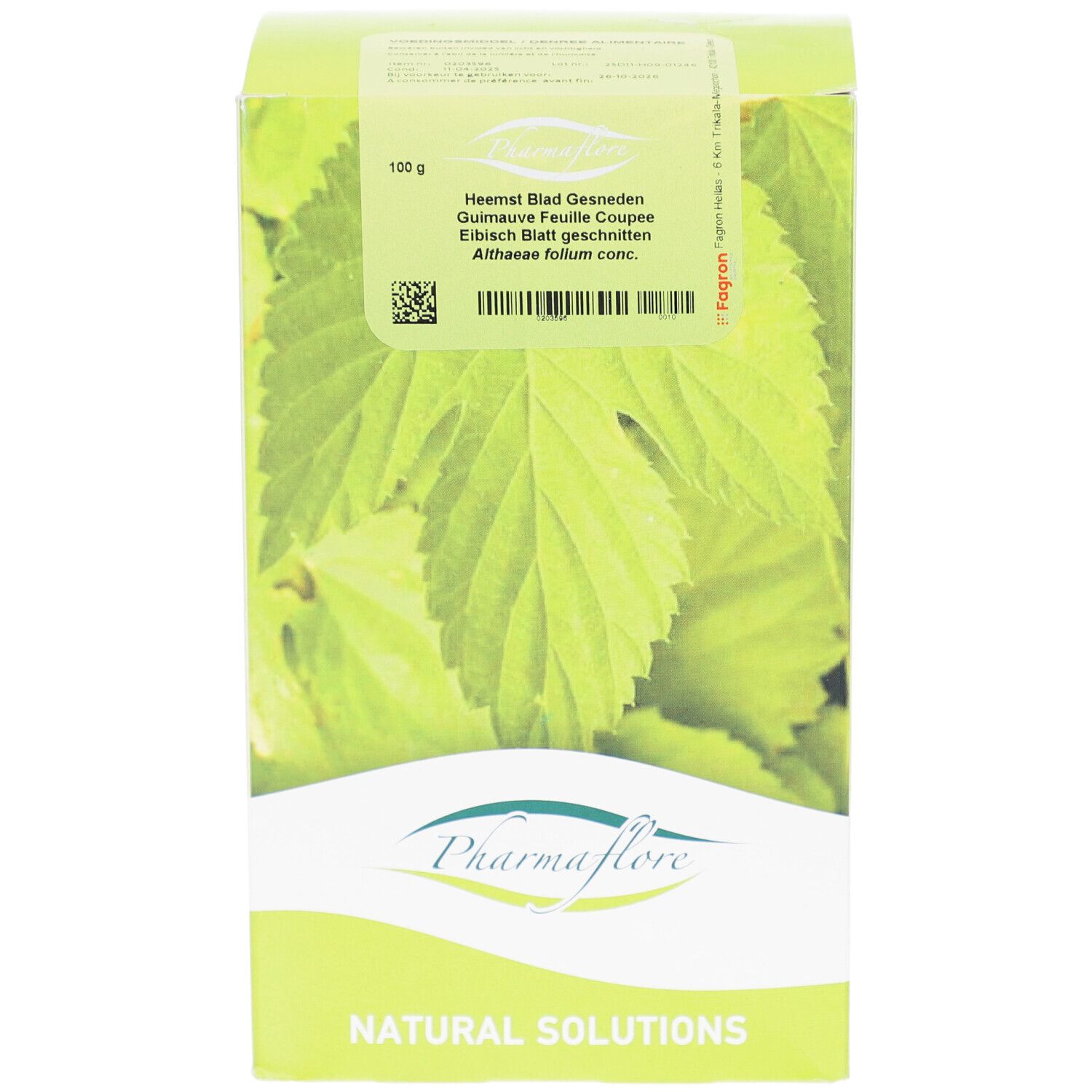 Verpackung von Pharmaflore. Aufdruck: Heemst Blad Gesneden, Guimauve Feuille Coupée, Eibisch Blatt geschnitten. 100g.