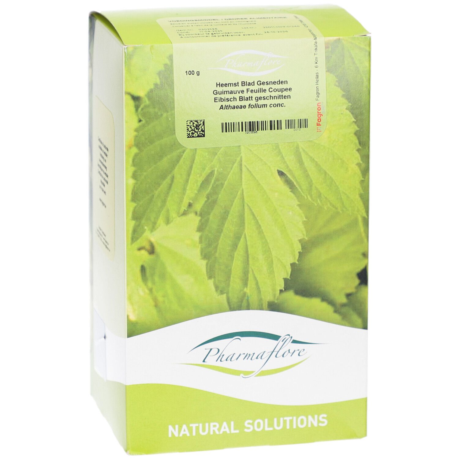 Verpackung von Pharmaflore. Aufdruck: Heemst Blad Gesneden, Guimauve Feuille Coupée, Eibisch Blatt geschnitten. 100g.