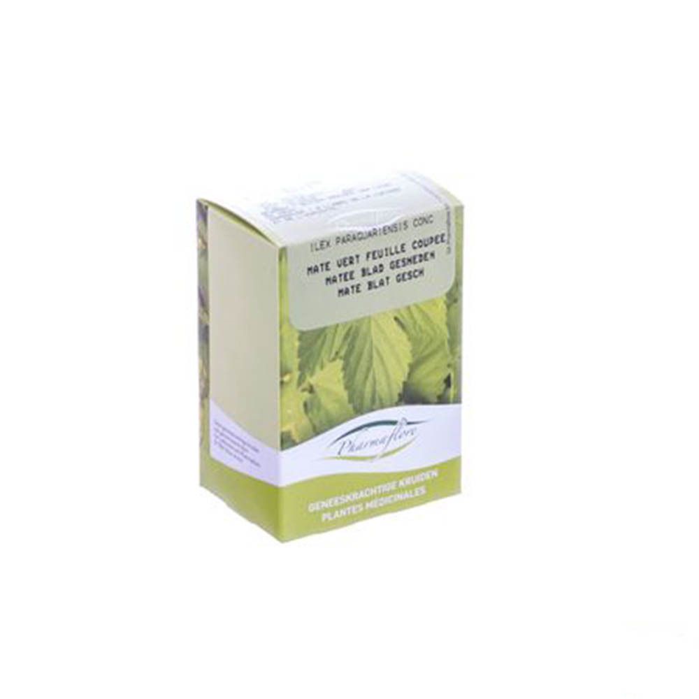 Boîte en carton, en biais. Texte: Pharmaflore, Mate Vert Feuille Coupée. Motif de feuille verte. Herbes.