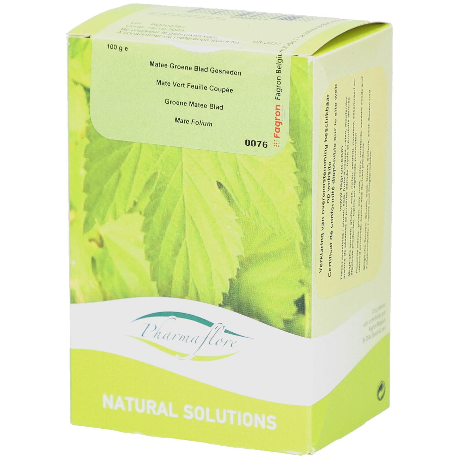 Kartonverpackung mit grünem Blattmotiv. Text: Pharmaflore, Mate Vert Feuille Coupée. 100 g.