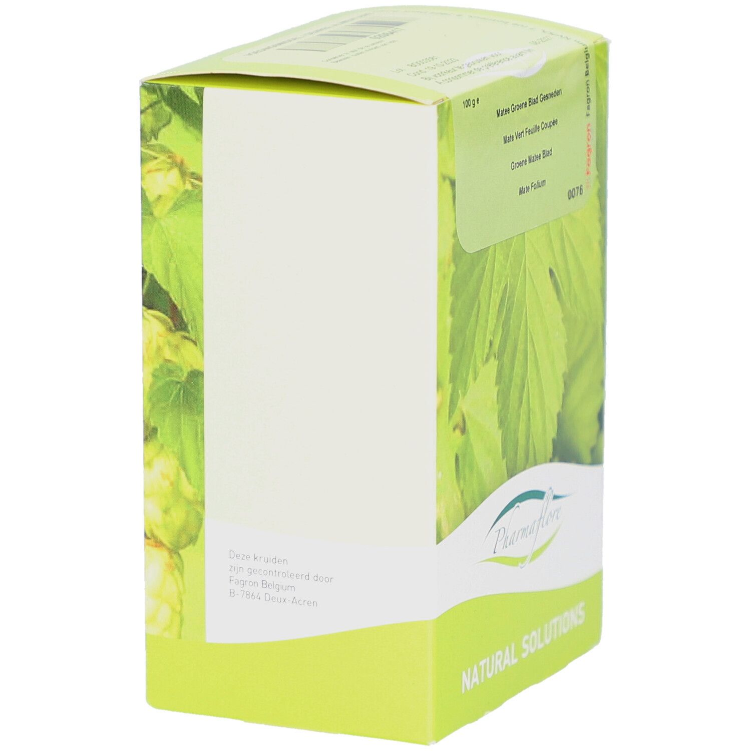 Seitenansicht der Kartonverpackung. Weißer Bereich für Text. Grünes Blattmotiv. Text: Pharmaflore.