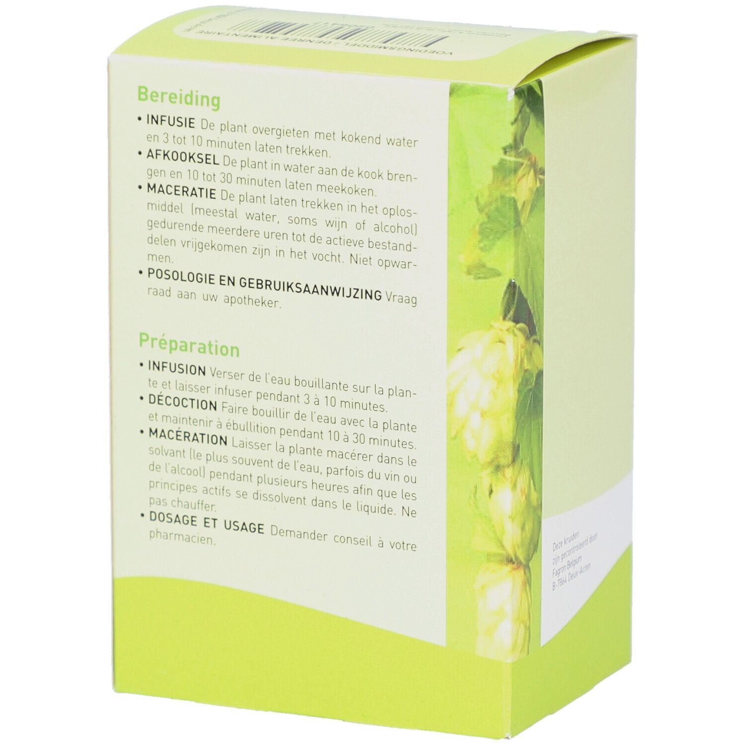 Rückseite der Kartonverpackung. Text: Zubereitung, Infusion, Dekoktion, Mazeration. Grüne Blätter.