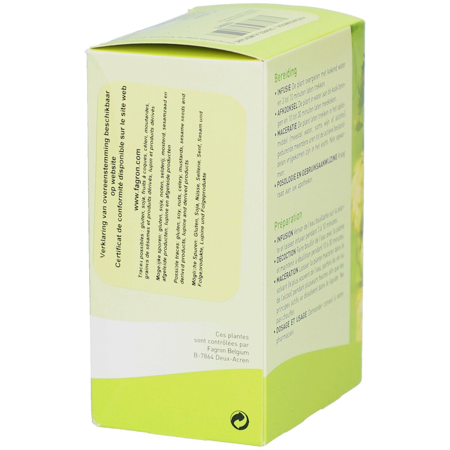 Rückseite der Kartonverpackung. Text: Konformitätserklärung. Grüne Blätter. Adresse des Herstellers.