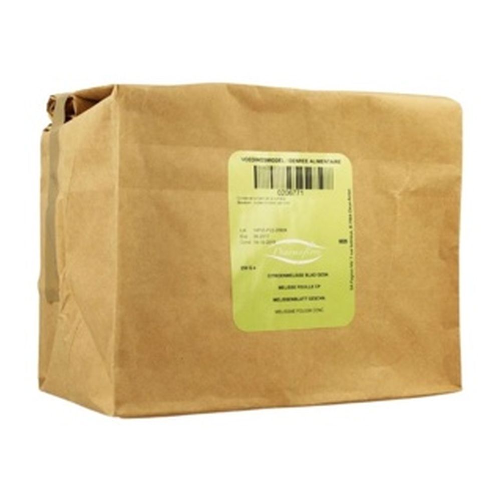 Sac en papier brun avec feuilles de mélisse, avec étiquette verte.