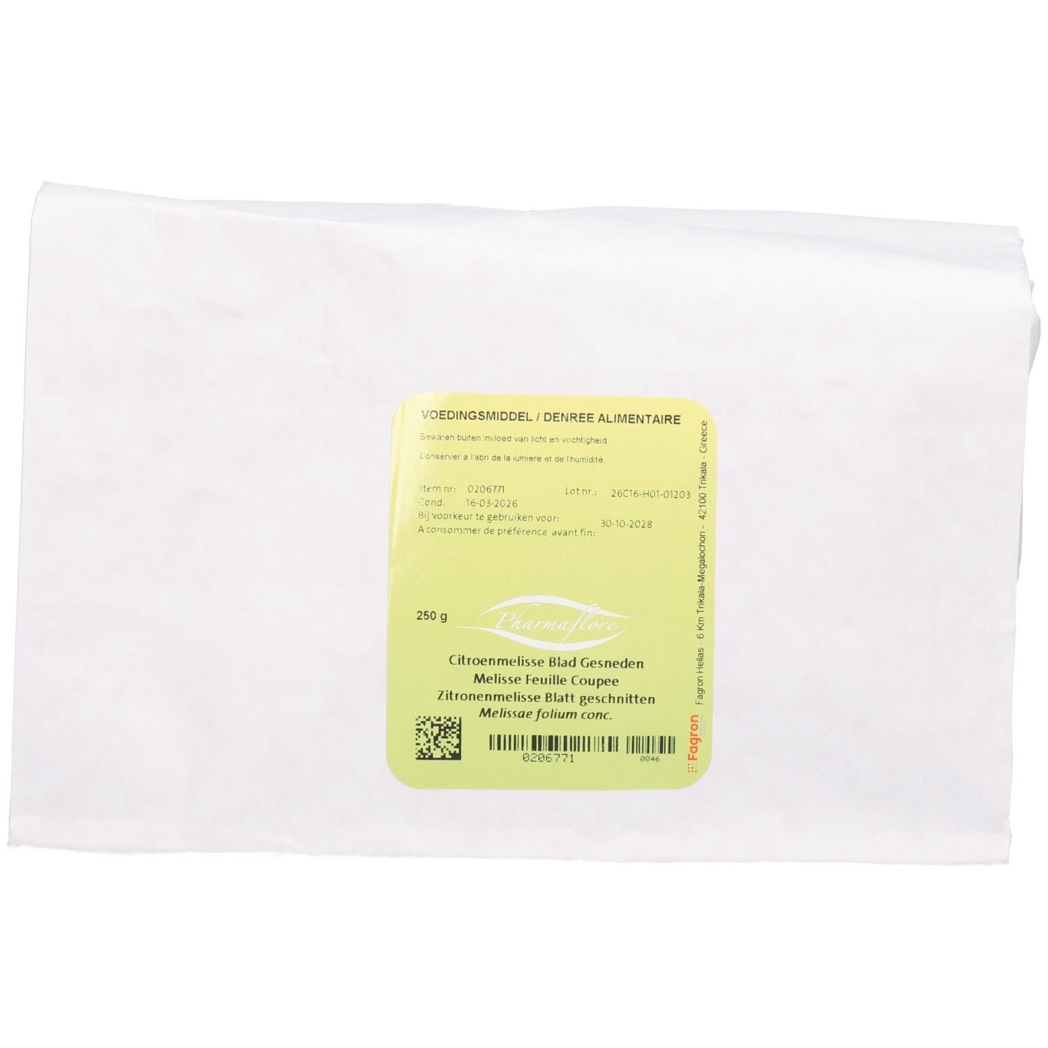 Packung mit geschnittenen Zitronenmelisseblättern, 250g.