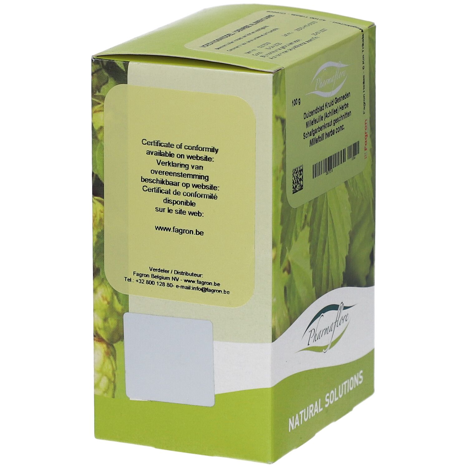 Rückseite der Kartonverpackung. Text über Konformitätszertifikat. Pharmaflore-Logo und grüne Kräuterabbildung.