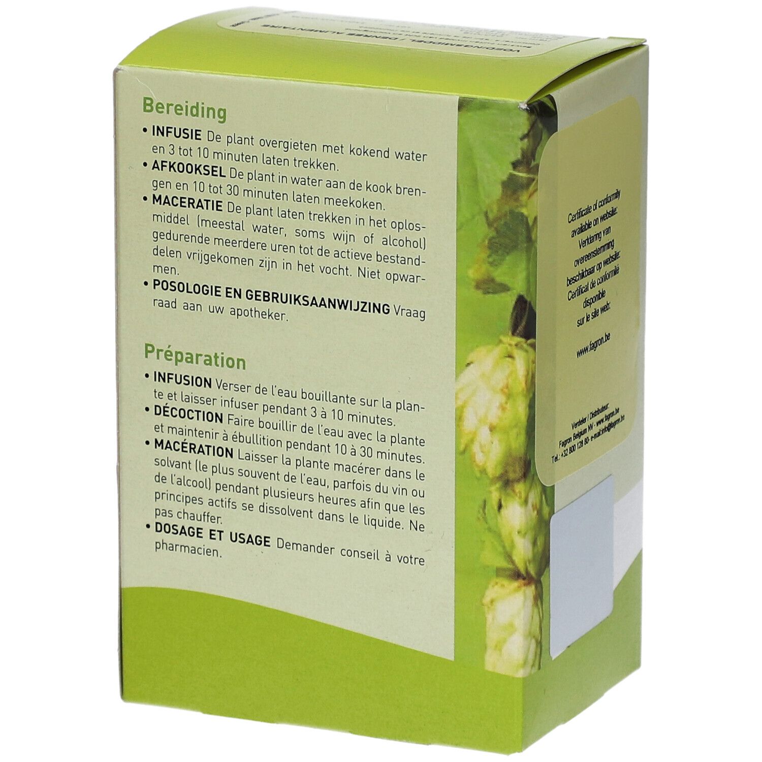 Rückseite der Verpackung mit Zubereitungshinweisen in Deutsch und Französisch. Grün-weißes Design.