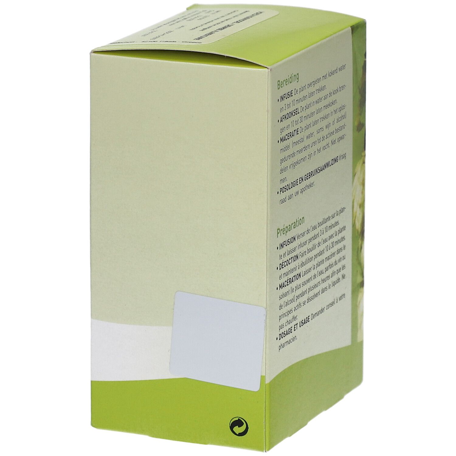 Seitenansicht der Verpackung mit Text. Grün-weißes Design. Recycling-Symbol.