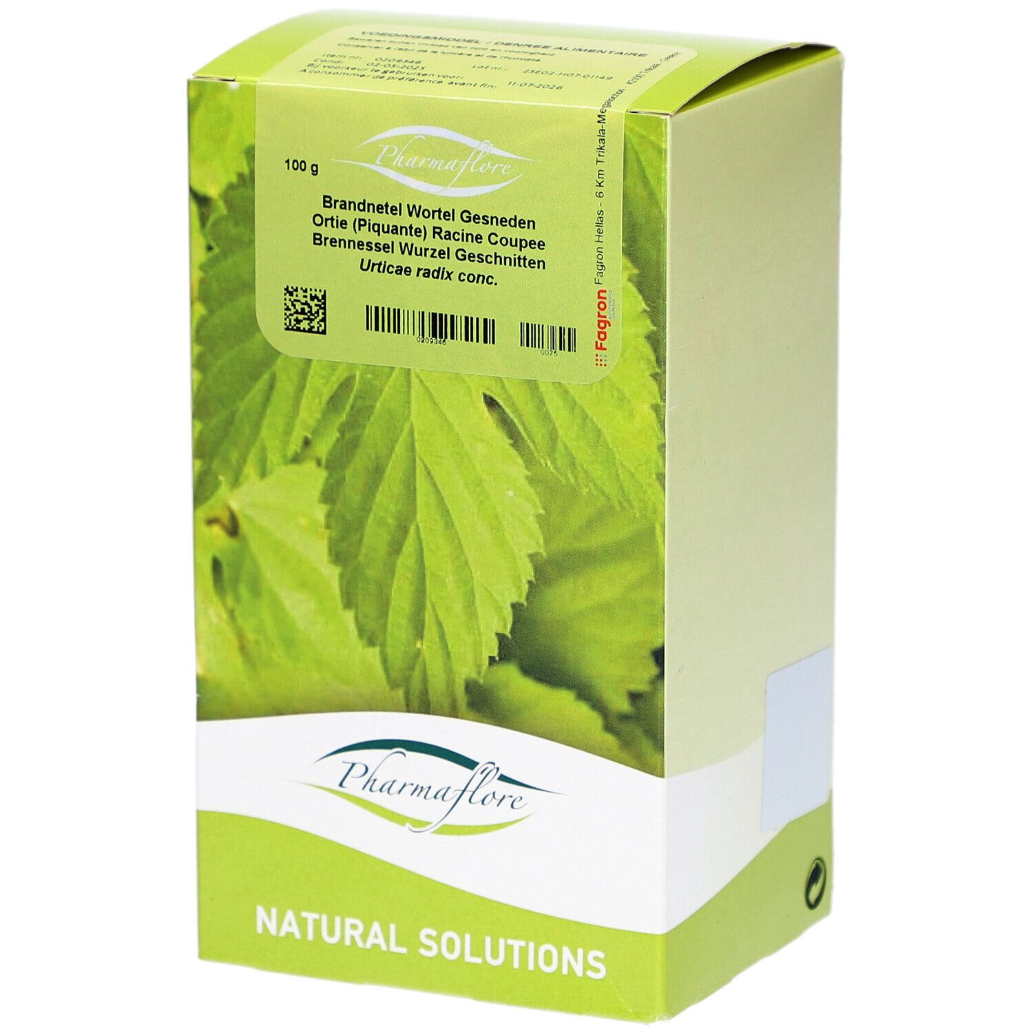 Grüne Schachtel mit Blättern und Text. Pharmaflore Logo. Text: Brandnetel Wortel Gesneden, Ortie Racine Coupée, Brennessel Wurzel Geschnitten.