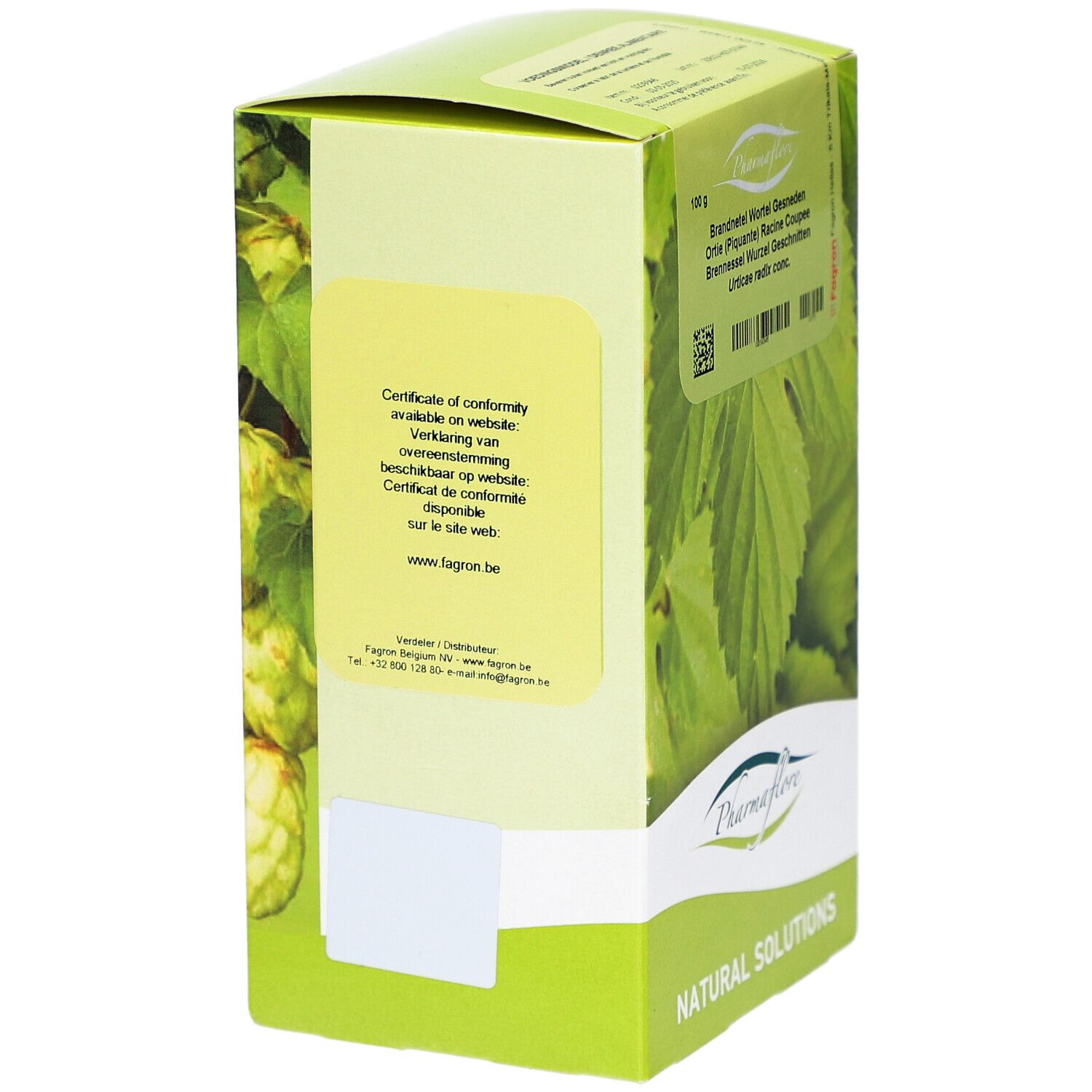 Grüne Schachtel, Seitenansicht. Text: Certificate of conformity. Logo und Kontaktinformationen. Blätter-Dekoration.