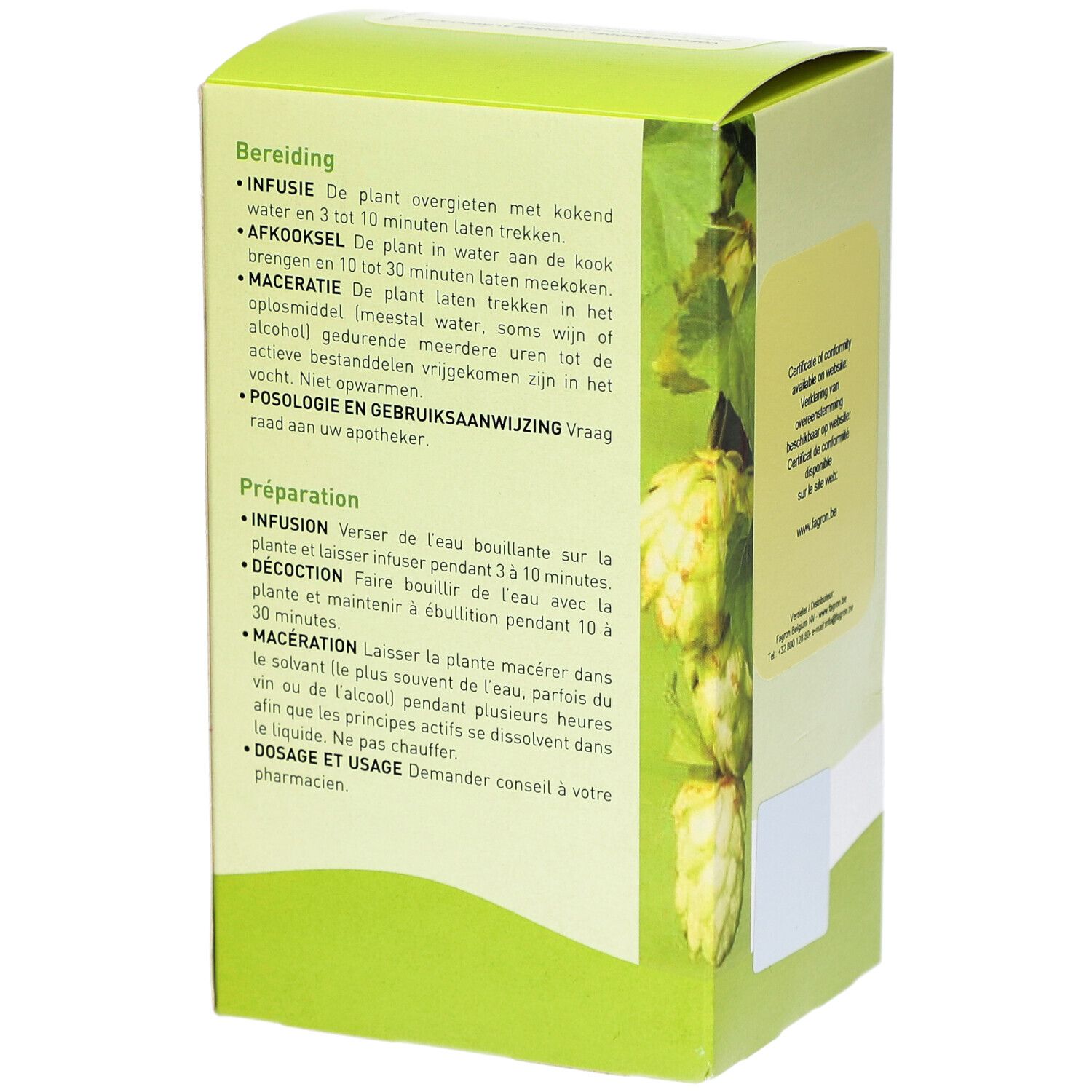 Grüne Schachtel, Rückseite mit Text. Zubereitungshinweise in Niederländisch und Französisch. Blätter-Dekoration.