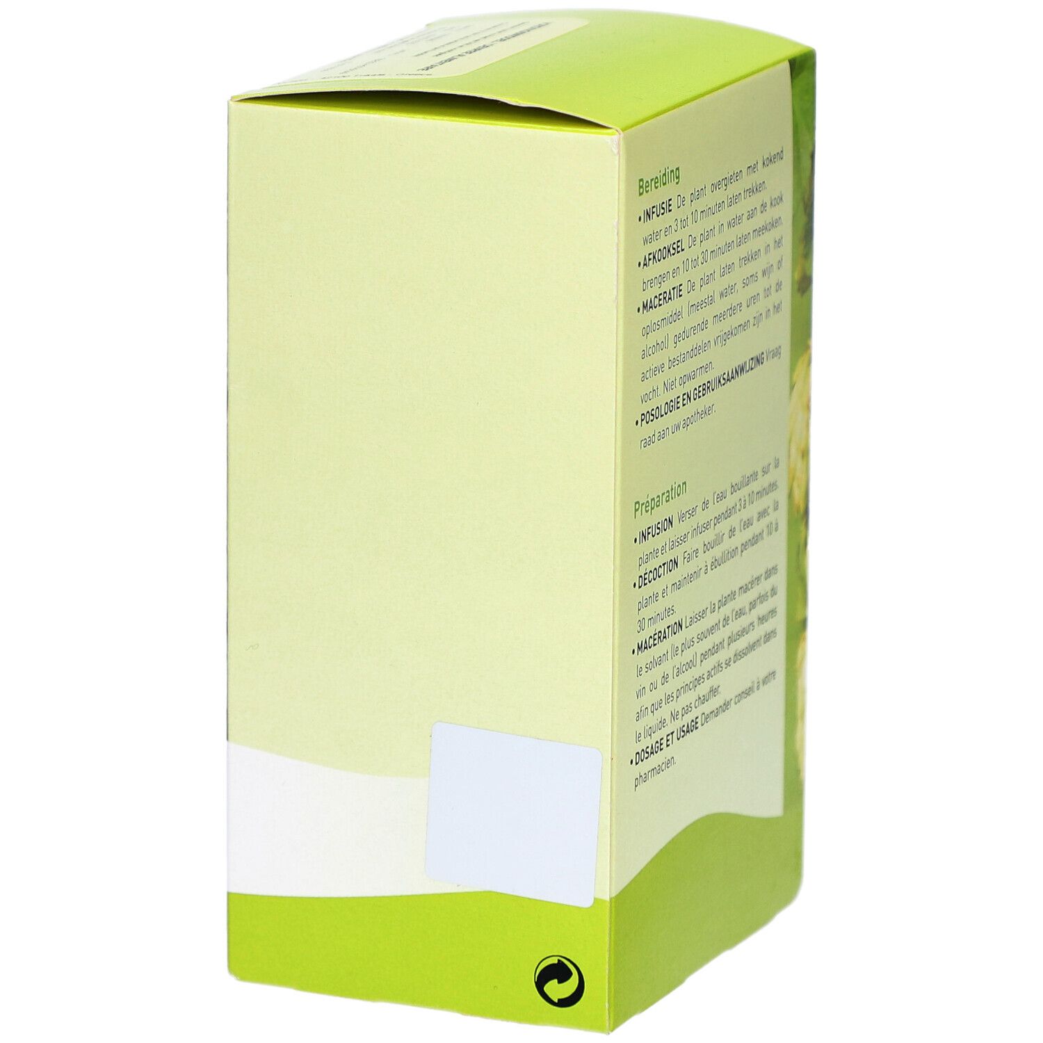 Grüne Schachtel, Rückseite mit Text. Zubereitungshinweise in Niederländisch und Französisch. Blätter-Dekoration.