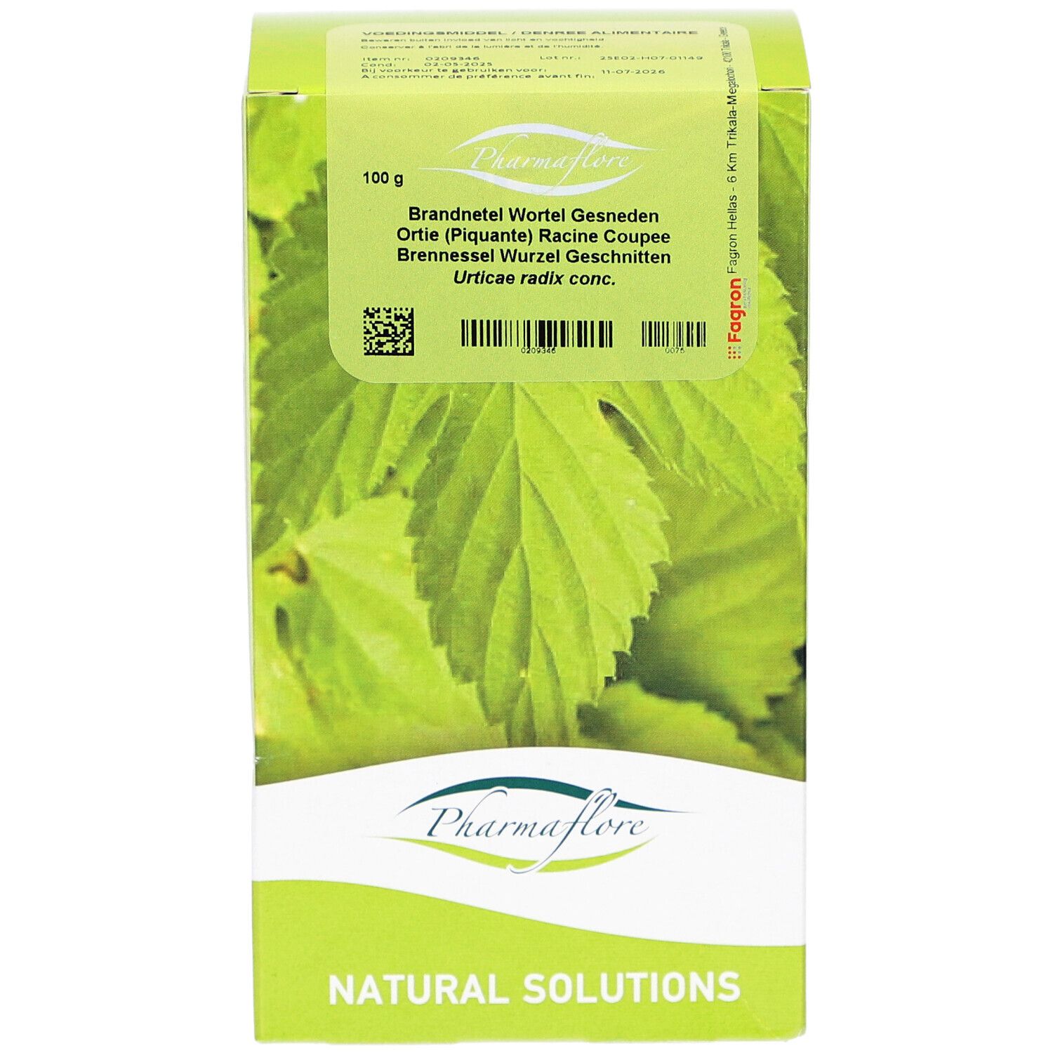 Grüne Schachtel mit Blättern und Text. Pharmaflore Logo. Text: Brandnetel Wortel Gesneden, Ortie Racine Coupée, Brennessel Wurzel Geschnitten.