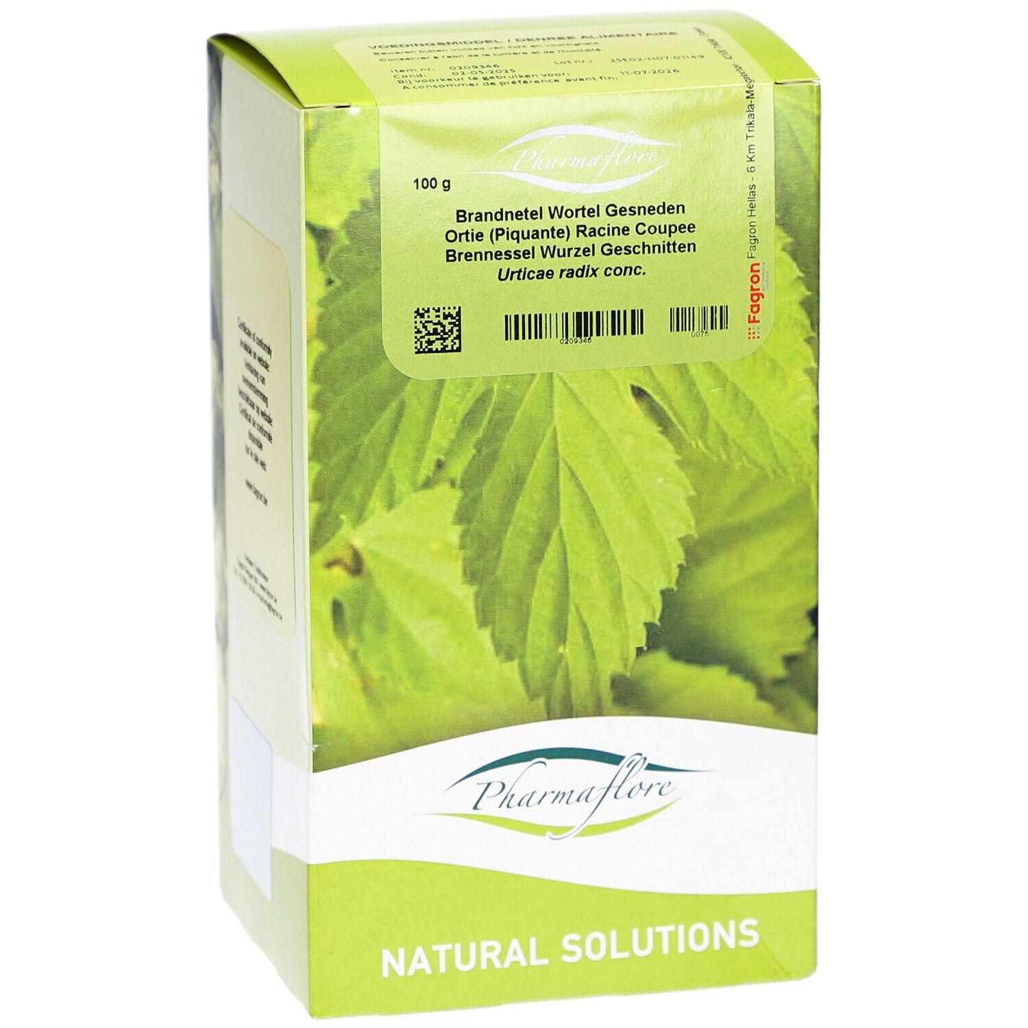 Grüne Schachtel mit Blättern und Text. Pharmaflore Logo. Text: Brandnetel Wortel Gesneden, Ortie Racine Coupée, Brennessel Wurzel Geschnitten.