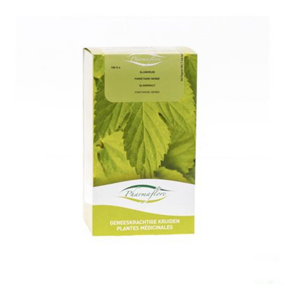 Boîte en carton avec nom du produit et motif de feuilles. Texte: Pharmaflore, Plantes médicinales, Glasrkruid, Parietaire Herbe.