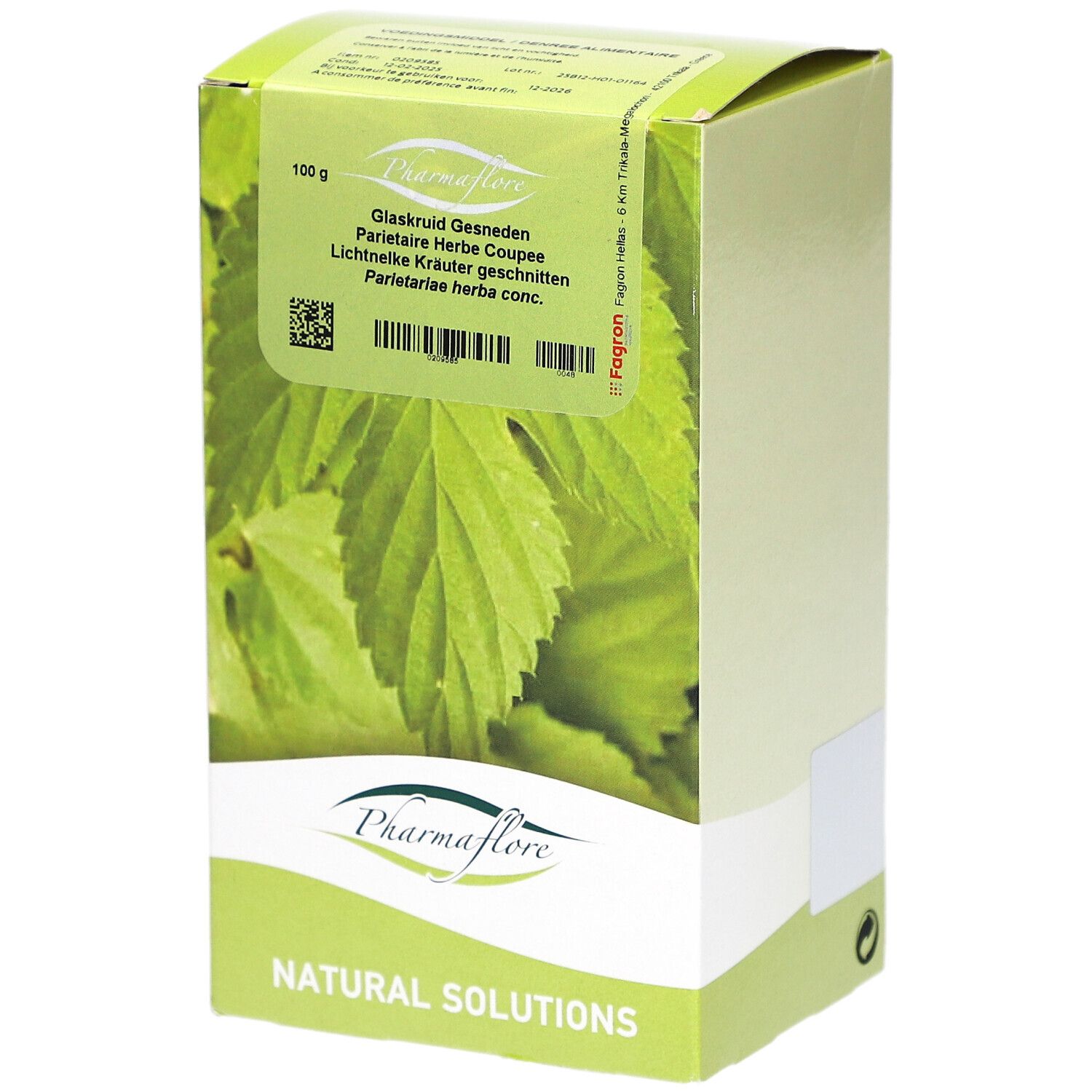 Kartonverpackung mit Produktnamen und Blattmotiv. Text: Pharmaflore, Natural Solutions, Glasrkruid Gesneden, Parietaire Herbe Coupée.