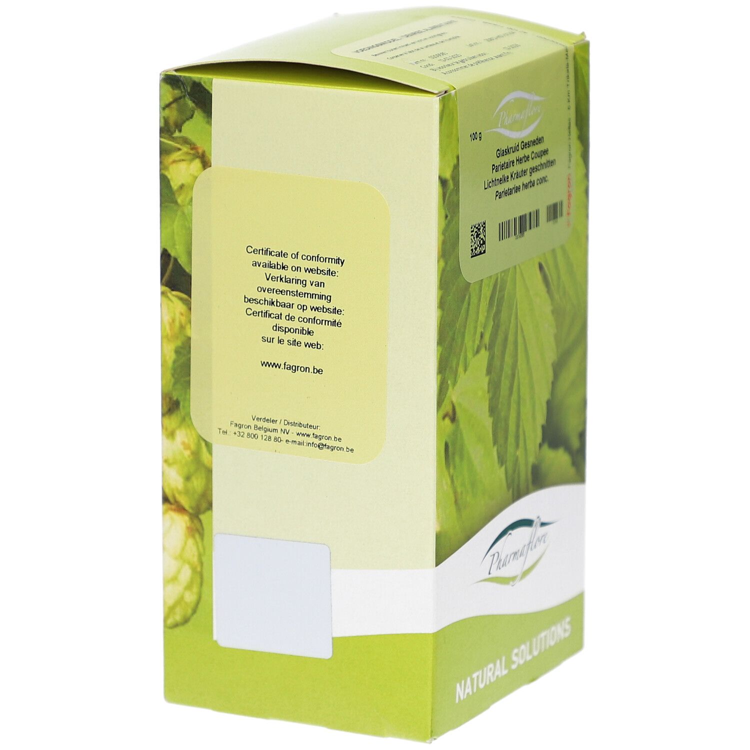 Seitenansicht der Kartonverpackung. Text: Pharmaflore, Certificate of conformity available on website, www.fagron.be.