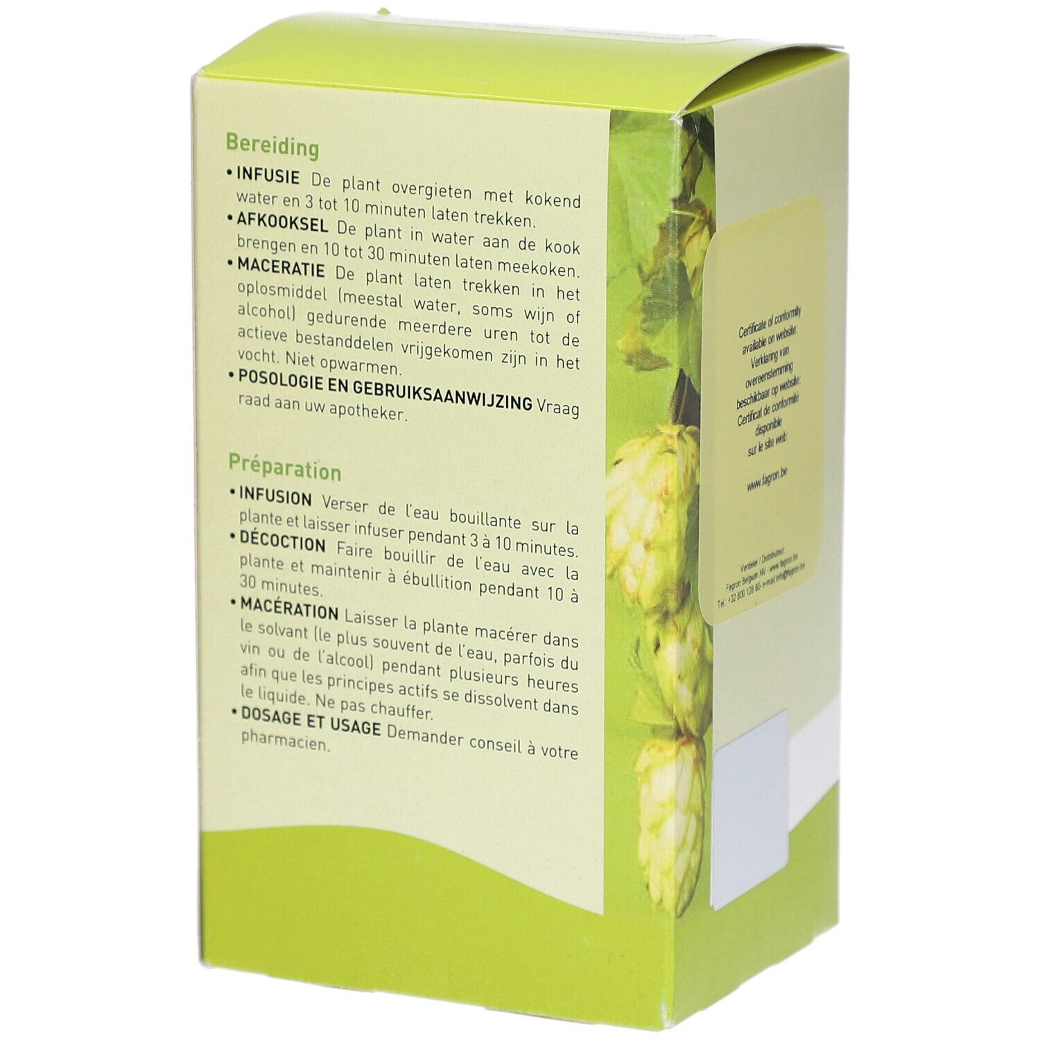 Rückseite der Kartonverpackung mit Text über Zubereitung und Dosierung. Text: Infusion, Décoction, Macération, Posologie.