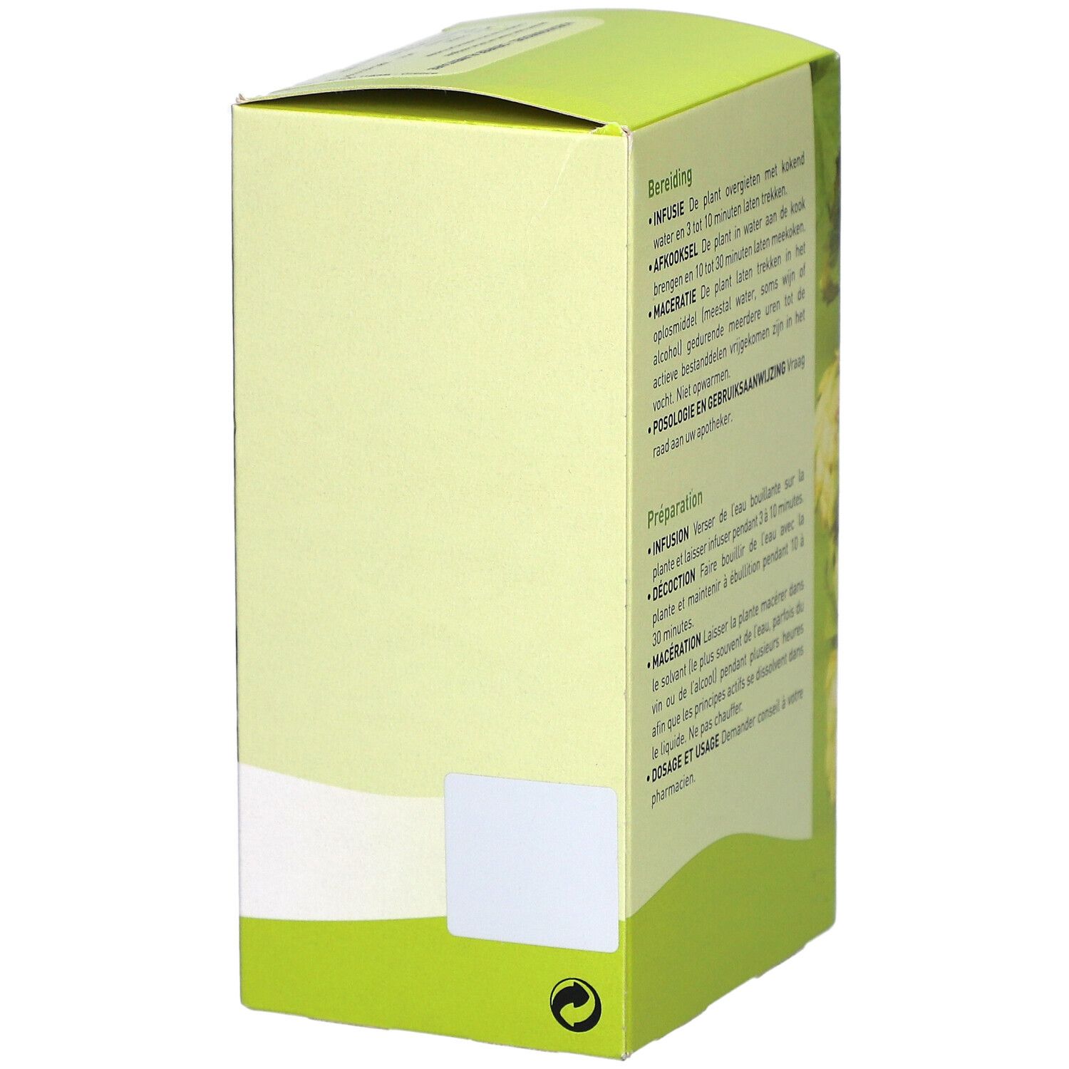 Rückseite der Kartonverpackung mit Text über Zubereitung und Dosierung. Text: Infusion, Décoction, Macération, Posologie.