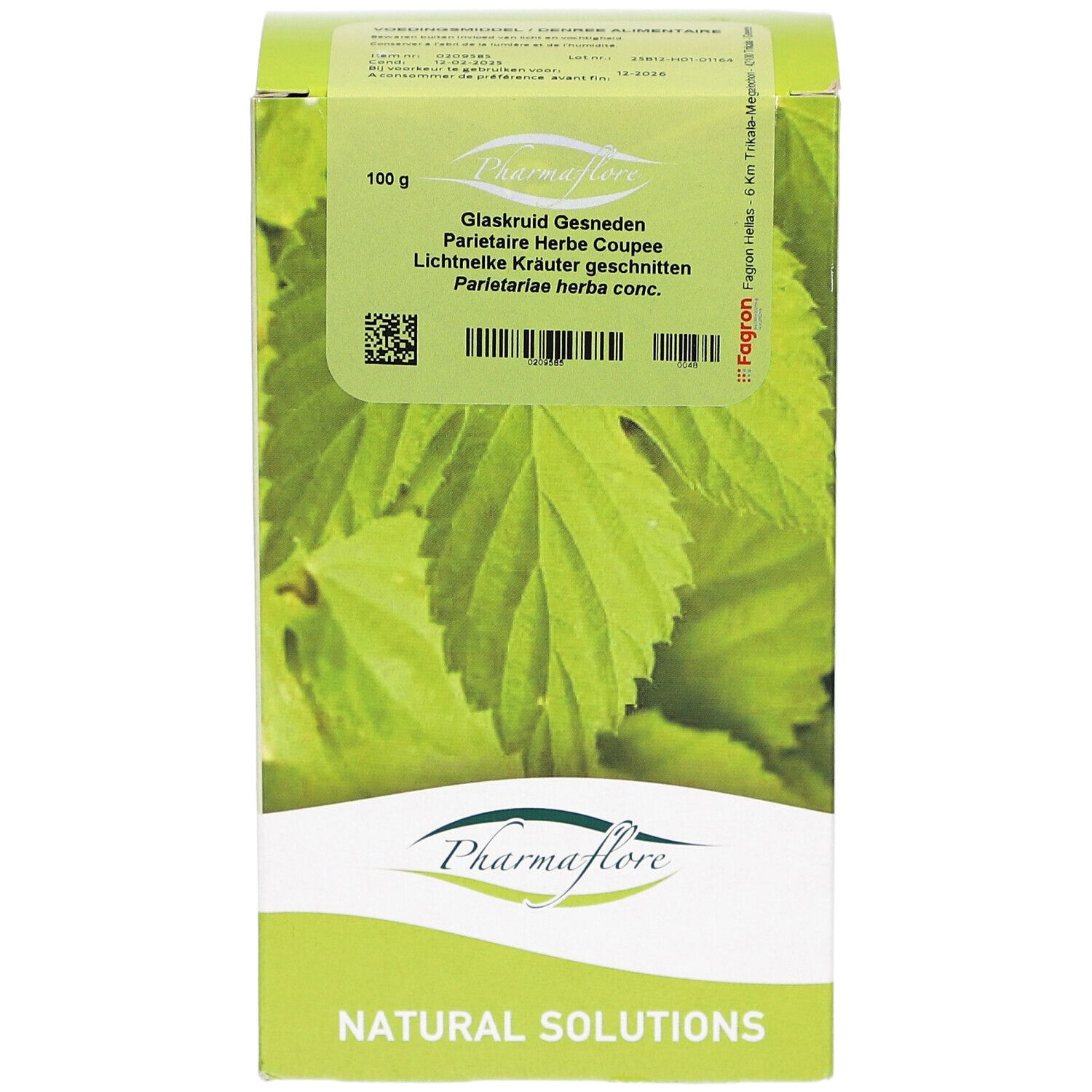 Kartonverpackung mit Produktnamen und Blattmotiv. Text: Pharmaflore, Natural Solutions, Glasrkruid Gesneden, Parietaire Herbe Coupée.