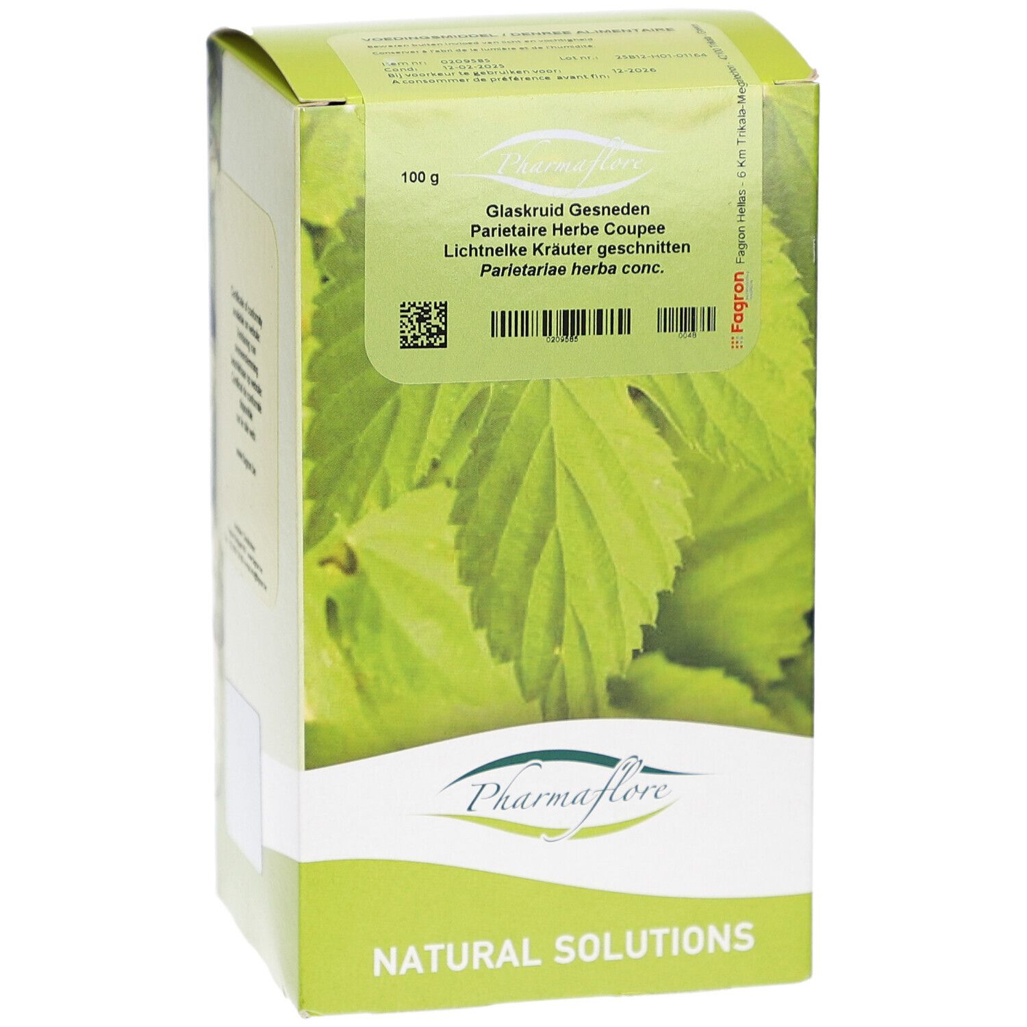 Kartonverpackung mit Produktnamen und Blattmotiv. Text: Pharmaflore, Natural Solutions, Glasrkruid Gesneden, Parietaire Herbe Coupée.