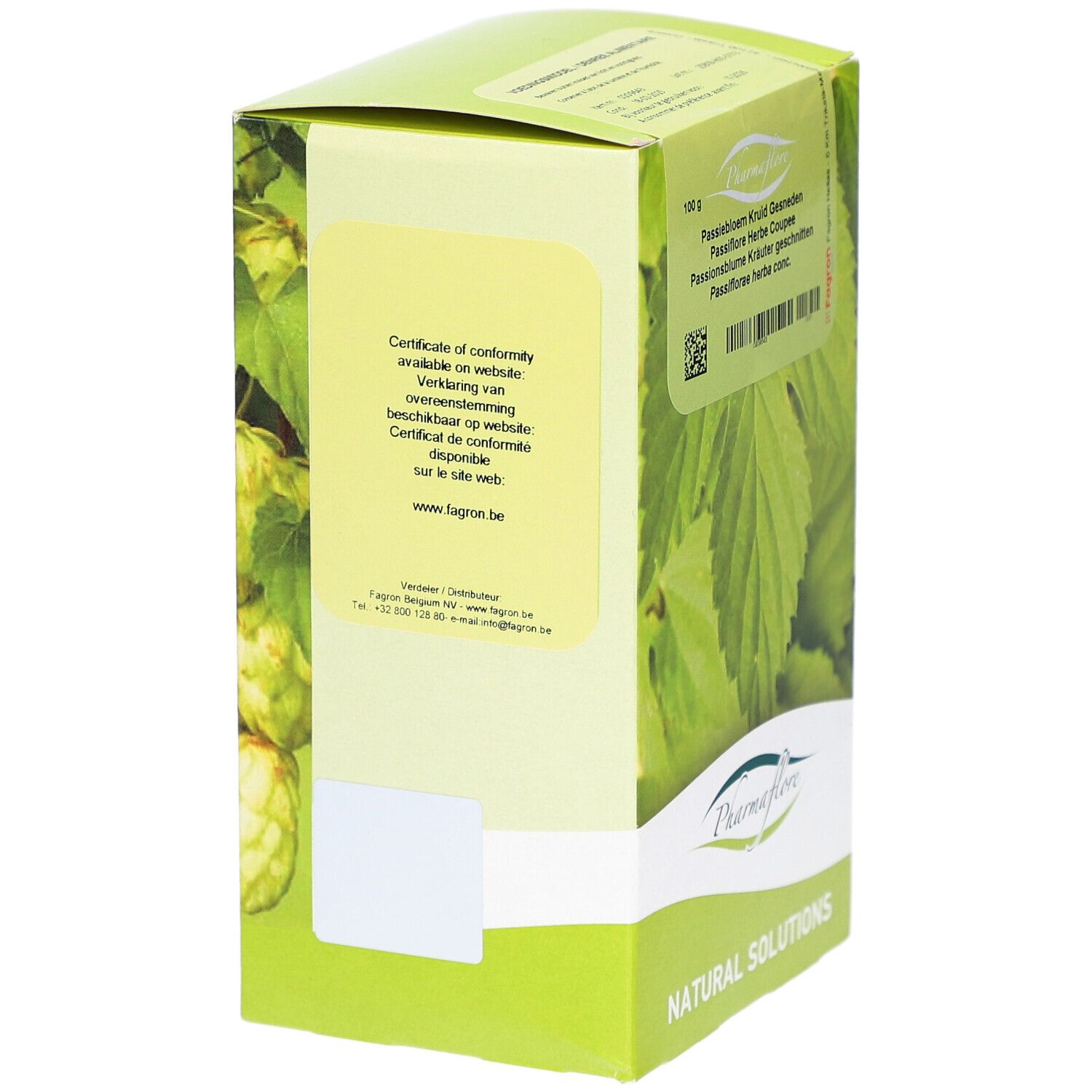 Rückseite einer grünen Schachtel mit Blättern. Text: Certificate of conformity available on website.