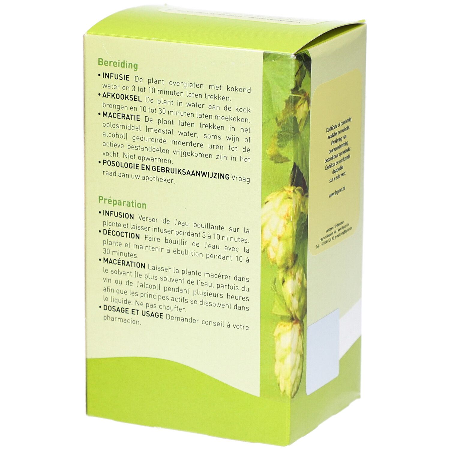 Seite einer grünen Schachtel mit Text. Text: Bereiding, Infusie, Afkooksel, Maceratie, Posologie en gebruiksaanwijzing.