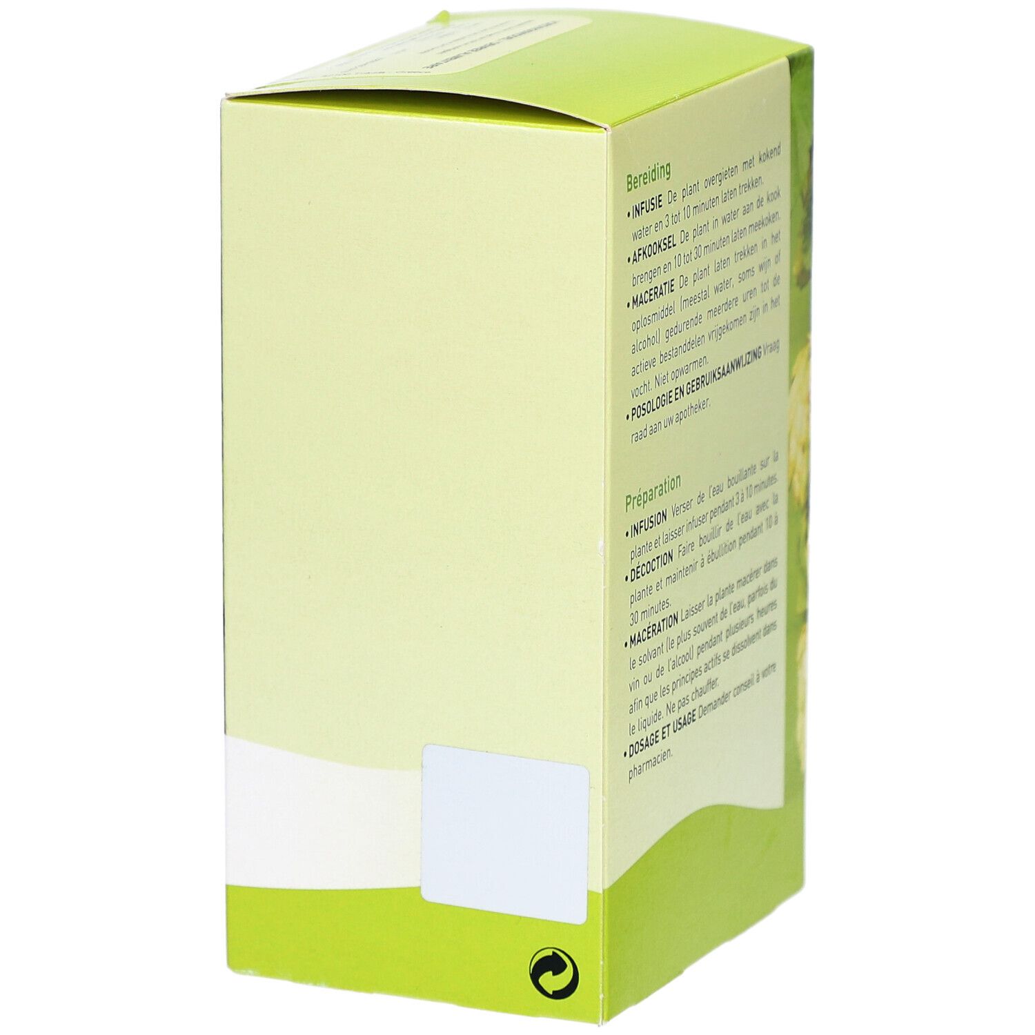 Seite einer grünen Schachtel mit Text. Text: Bereiding, Infusie, Afkooksel, Maceratie, Posologie en gebruiksaanwijzing.