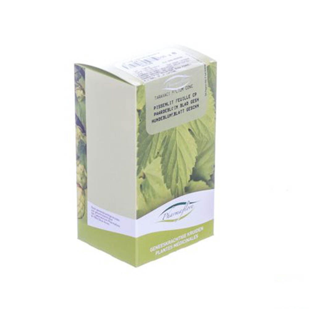 Boîte avec feuilles, texte et logo Pharmaflore. Texte en plusieurs langues. Forme carrée.