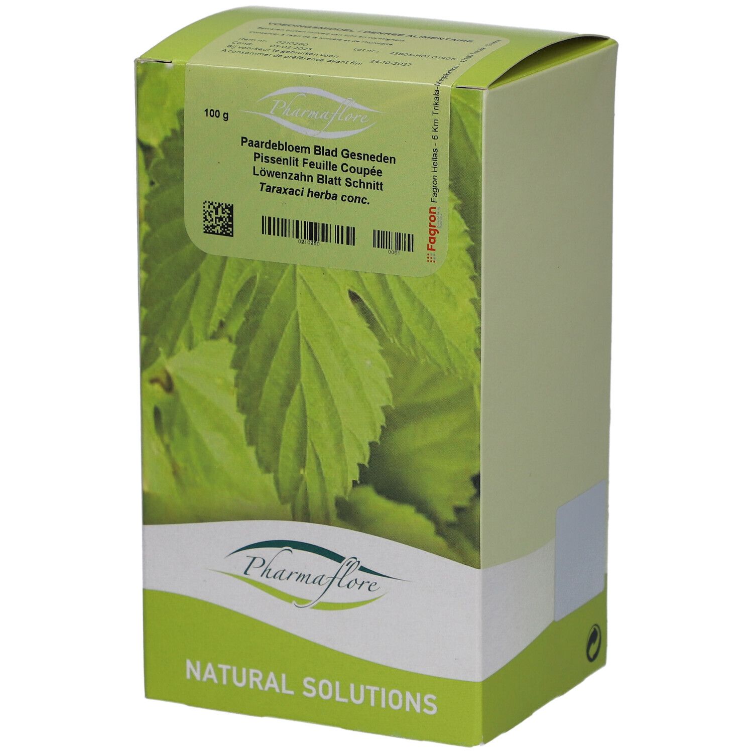 Grüne Pappschachtel mit Blättern und Text. Pharmaflore Logo unten. "Natural Solutions" darunter.