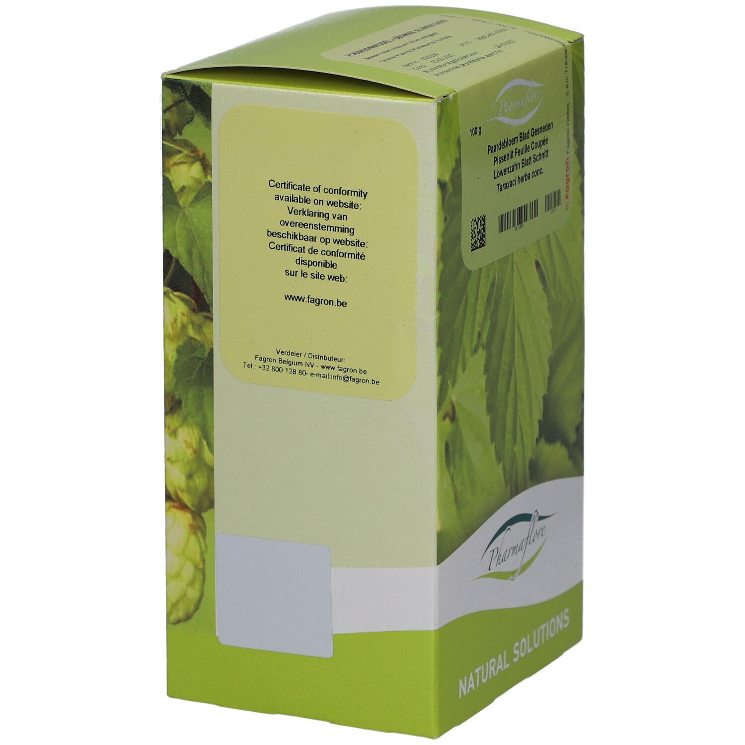 Grüne Pappschachtel, Rückseite mit Text und Blättern. Logo Pharmaflore unten. Text: "Certificate of conformity..."