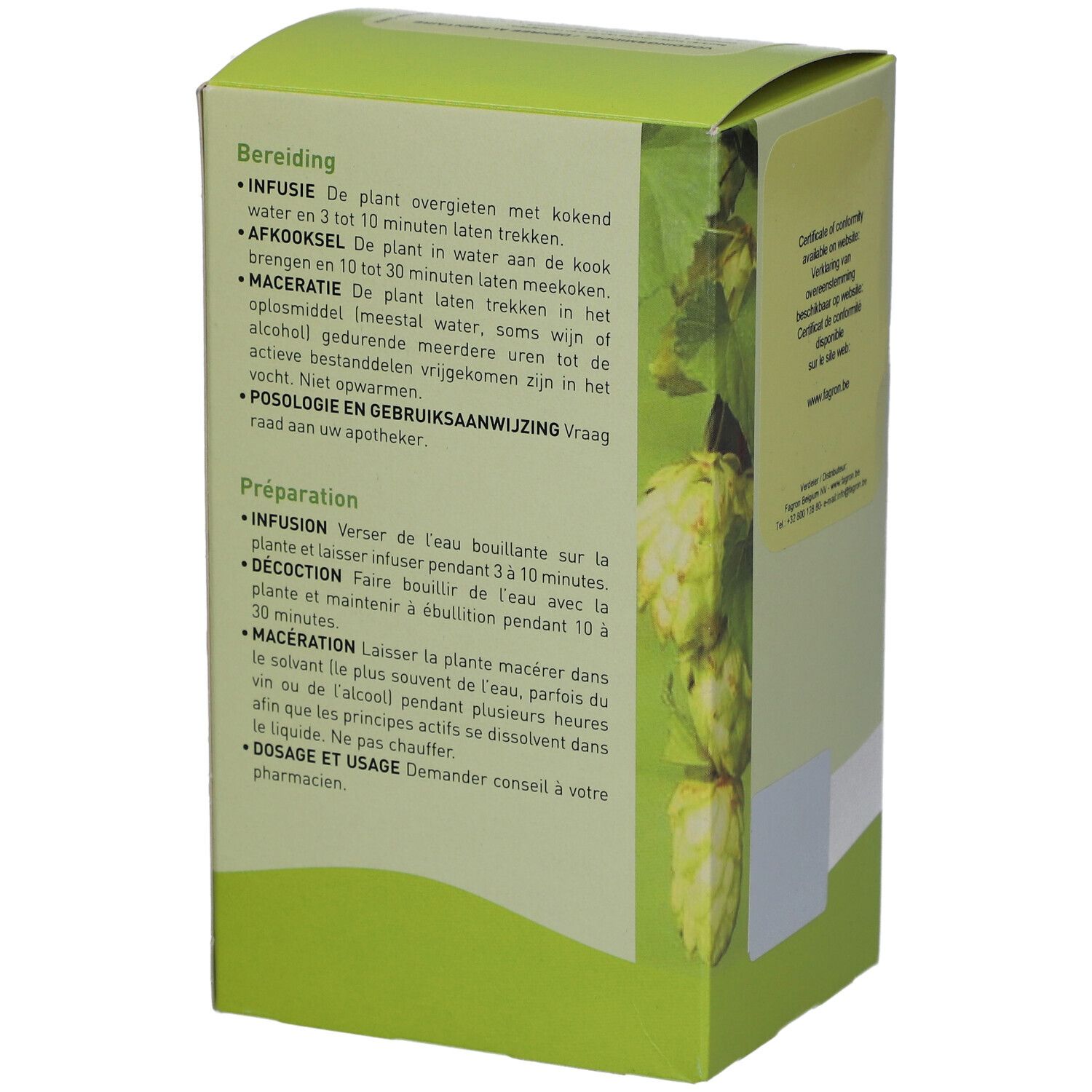 Grüne Pappschachtel, Seite mit Text über Zubereitung. Abbildungen von Artischocken. Text in Niederländisch und Französisch.