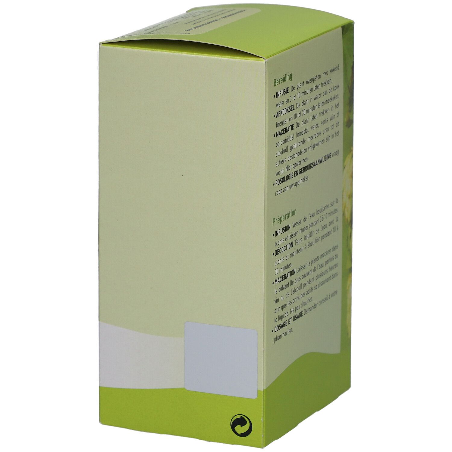 Grüne Pappschachtel, Seite mit Text über Zubereitung. Text in Niederländisch und Französisch. Grünes Recycling-Symbol.