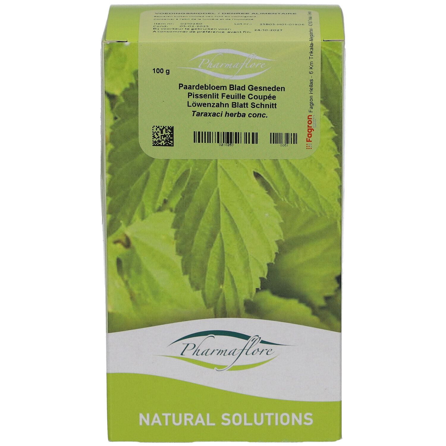 Grüne Pappschachtel mit Blättern und Text. Pharmaflore Logo unten. "Natural Solutions" darunter. 100 g.