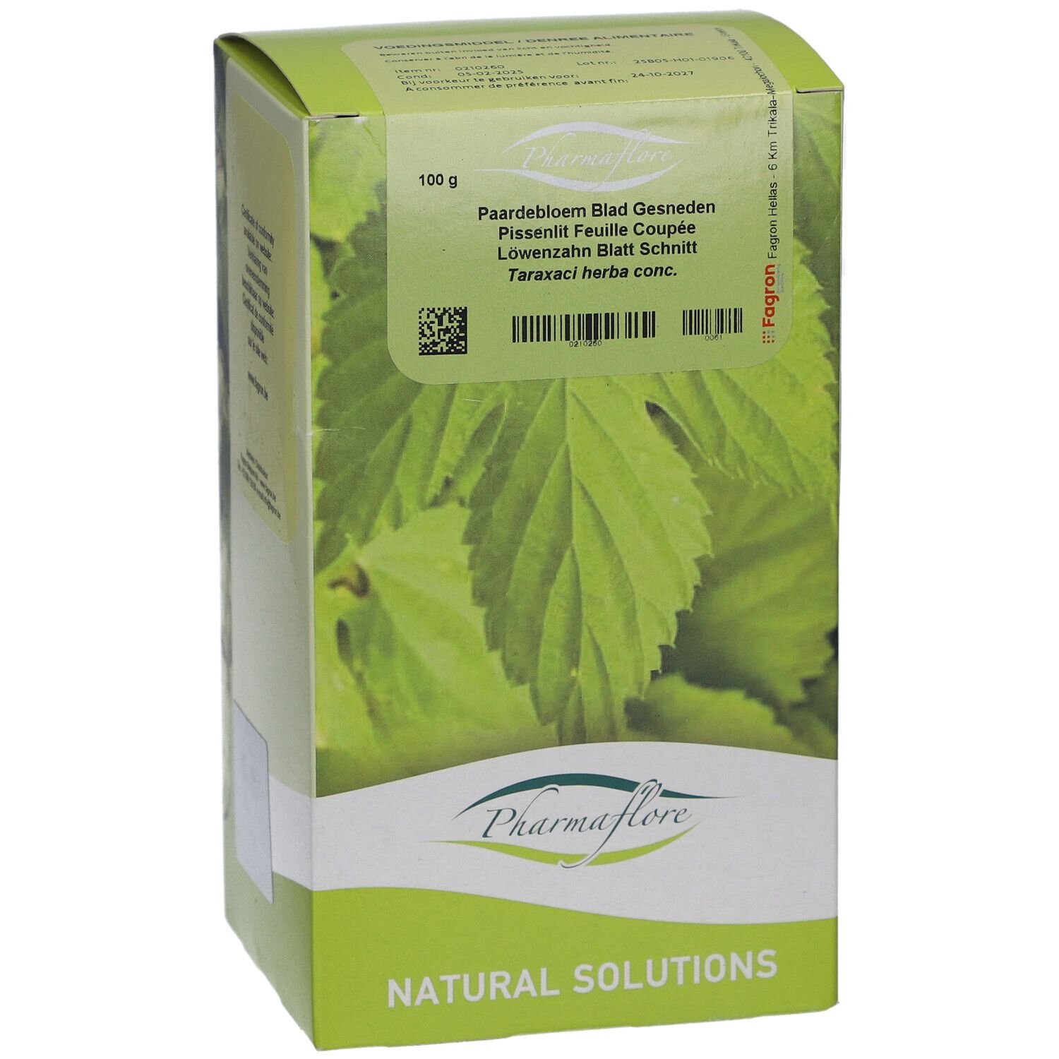 Grüne Pappschachtel mit Blättern und Text. Pharmaflore Logo unten. "Natural Solutions" darunter. 100 g.