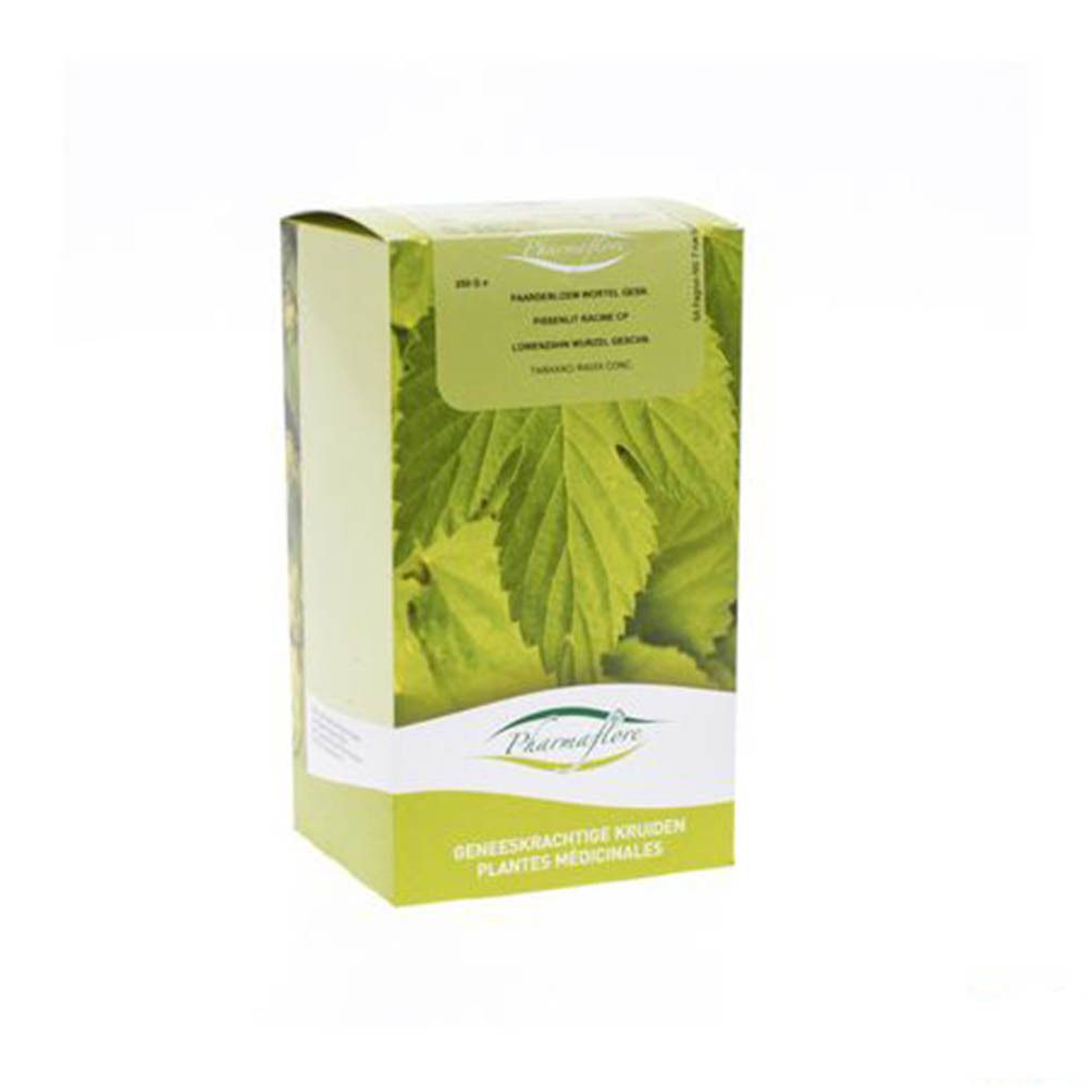 Boîte verte avec feuilles et nom Pharmaflore. Texte: Racine de Pissenlit Coupée.