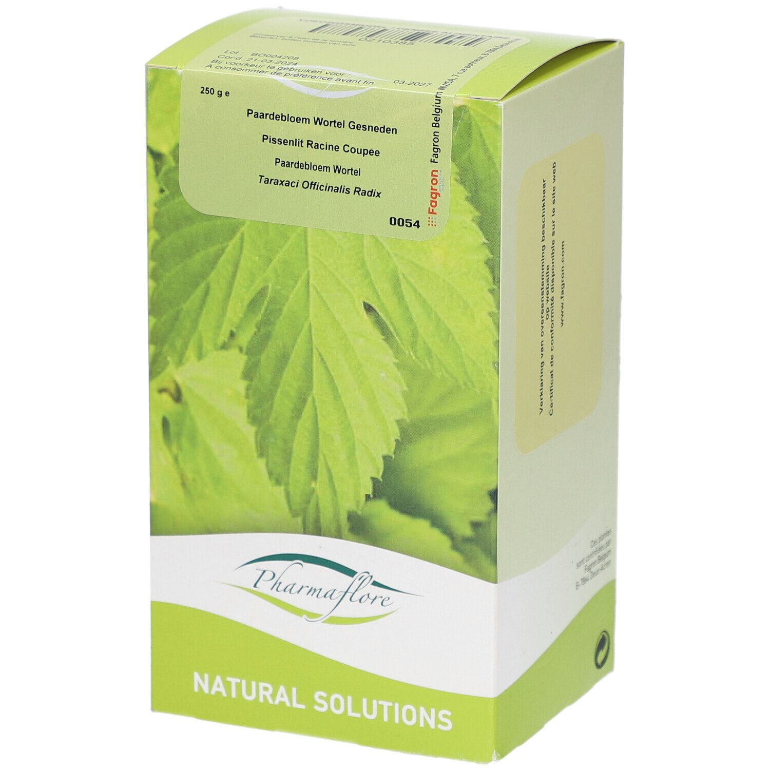 Grüne Kartonverpackung mit Blättern und Produktnamen Pharmaflore. Text: Racine de Pissenlit Coupée.