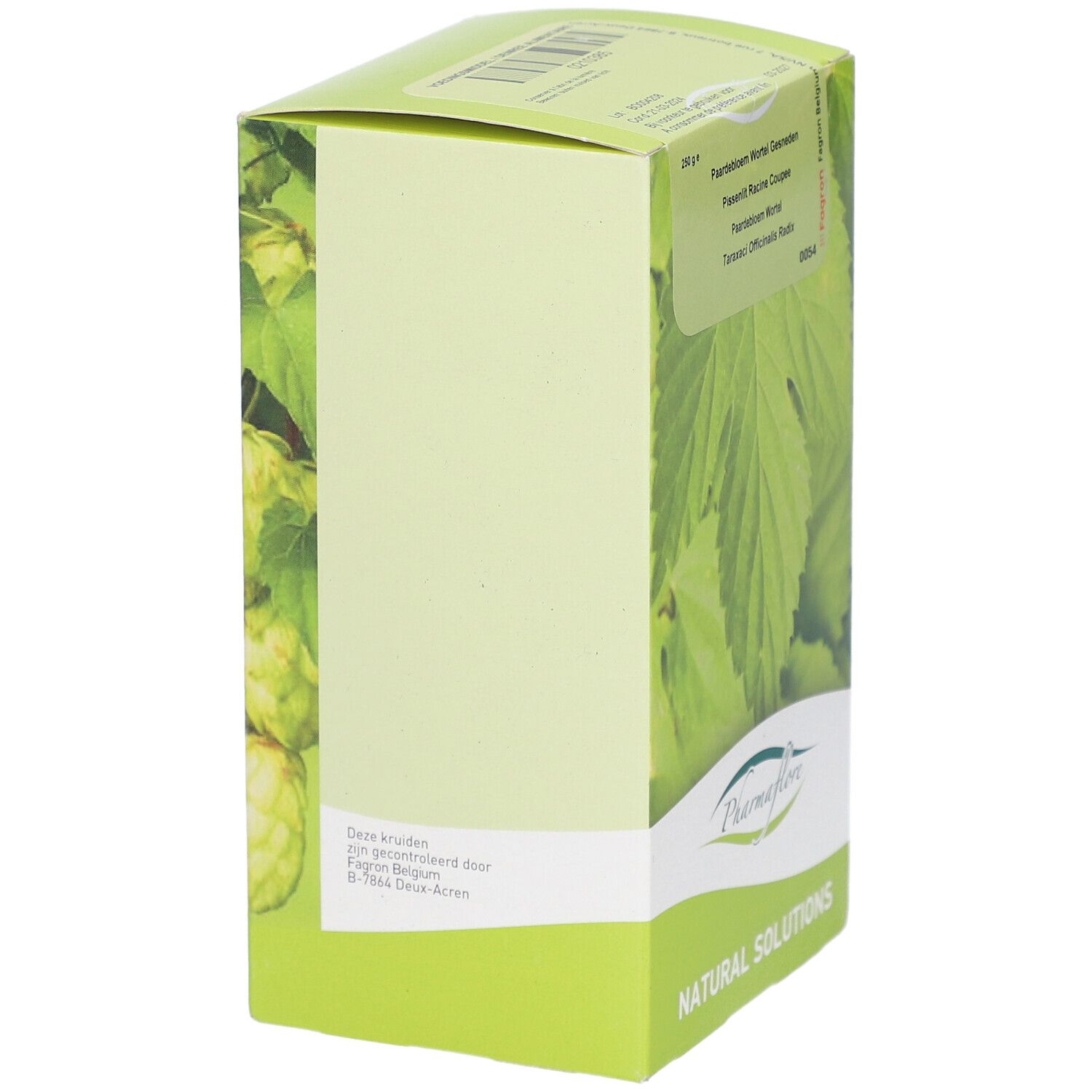 Grüne Kartonverpackung mit Blättern und Produktnamen Pharmaflore. Text: Racine de Pissenlit Coupée.