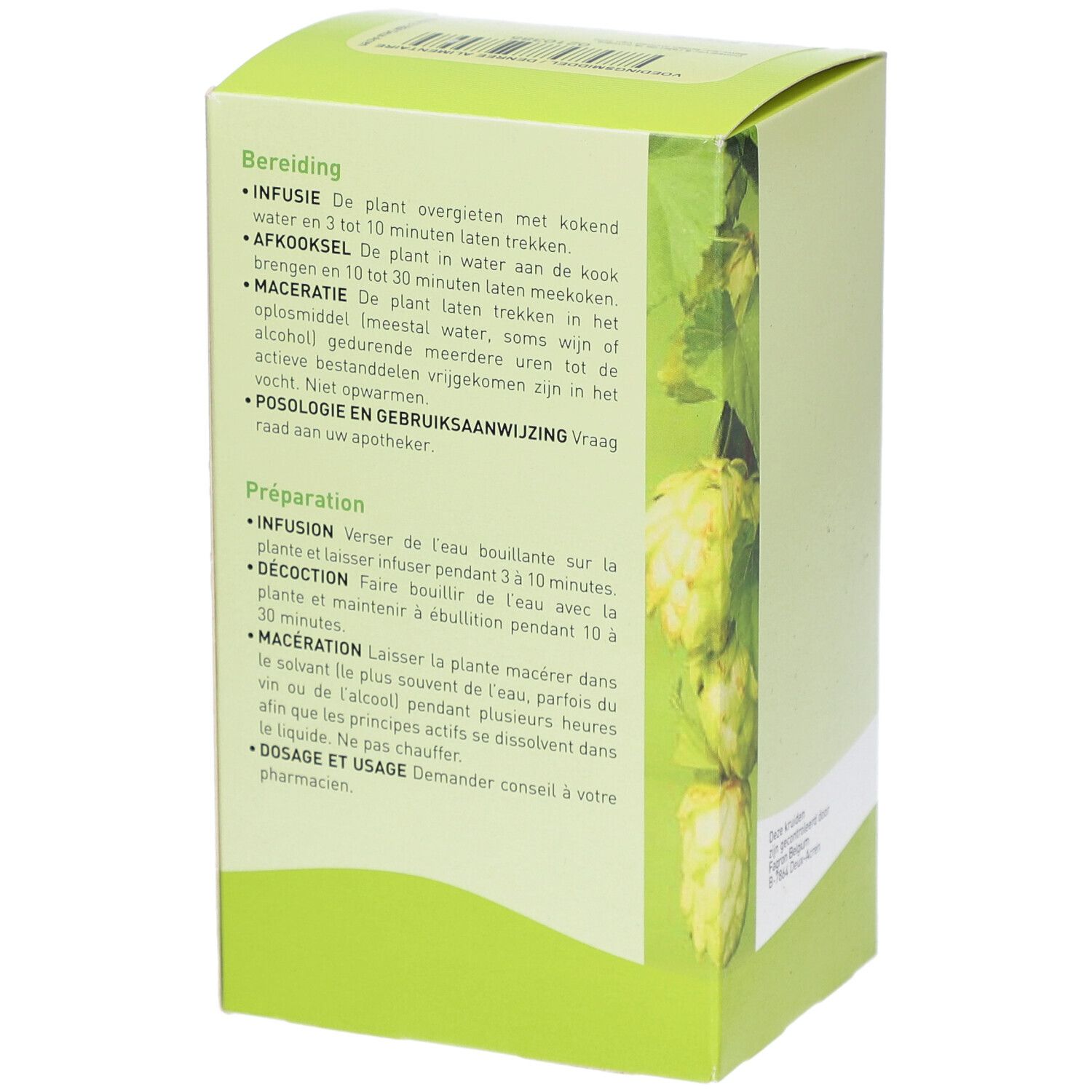 Grüne Kartonverpackung mit Blättern und Produktnamen Pharmaflore. Text: Racine de Pissenlit Coupée.