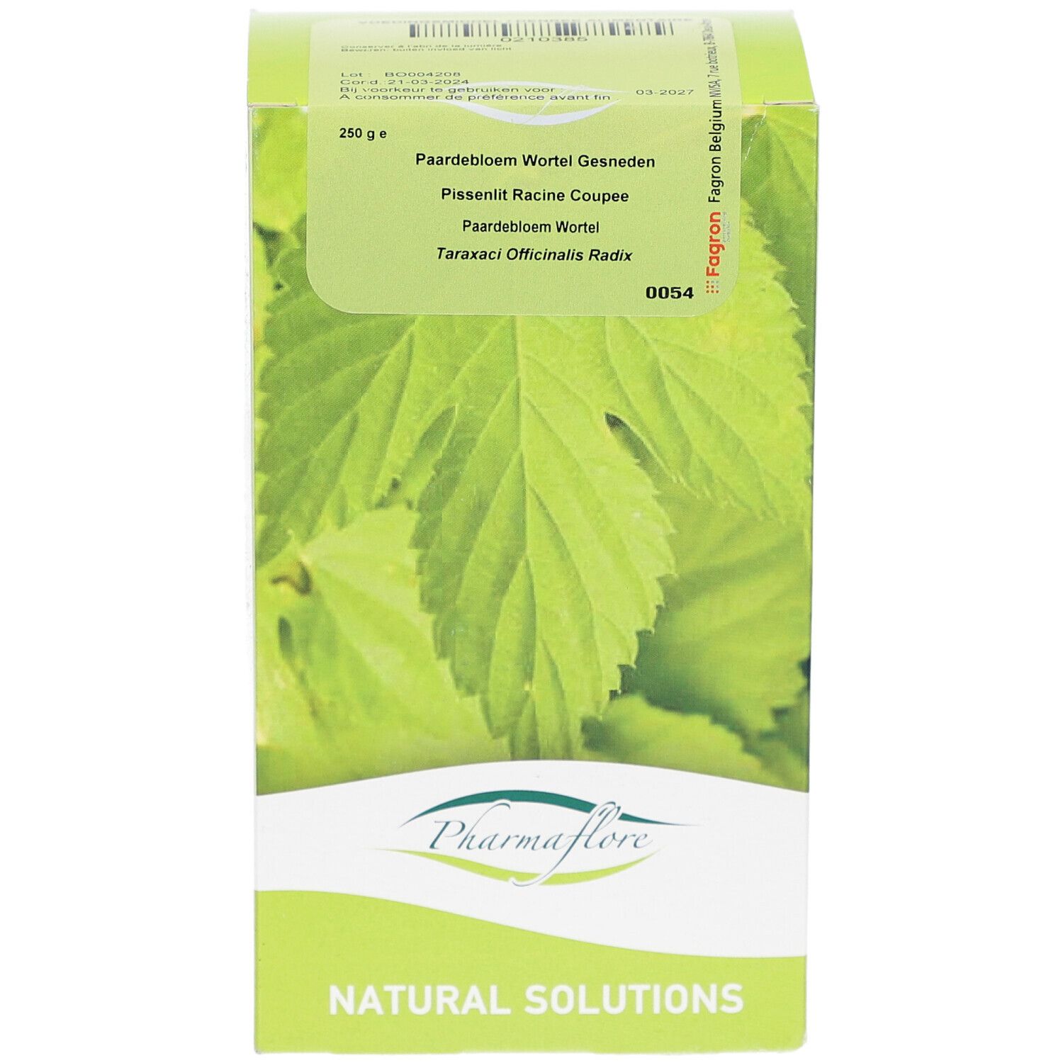 Grüne Kartonverpackung mit Blättern und Produktnamen Pharmaflore. Text: Racine de Pissenlit Coupée. Inschrift 250 g.