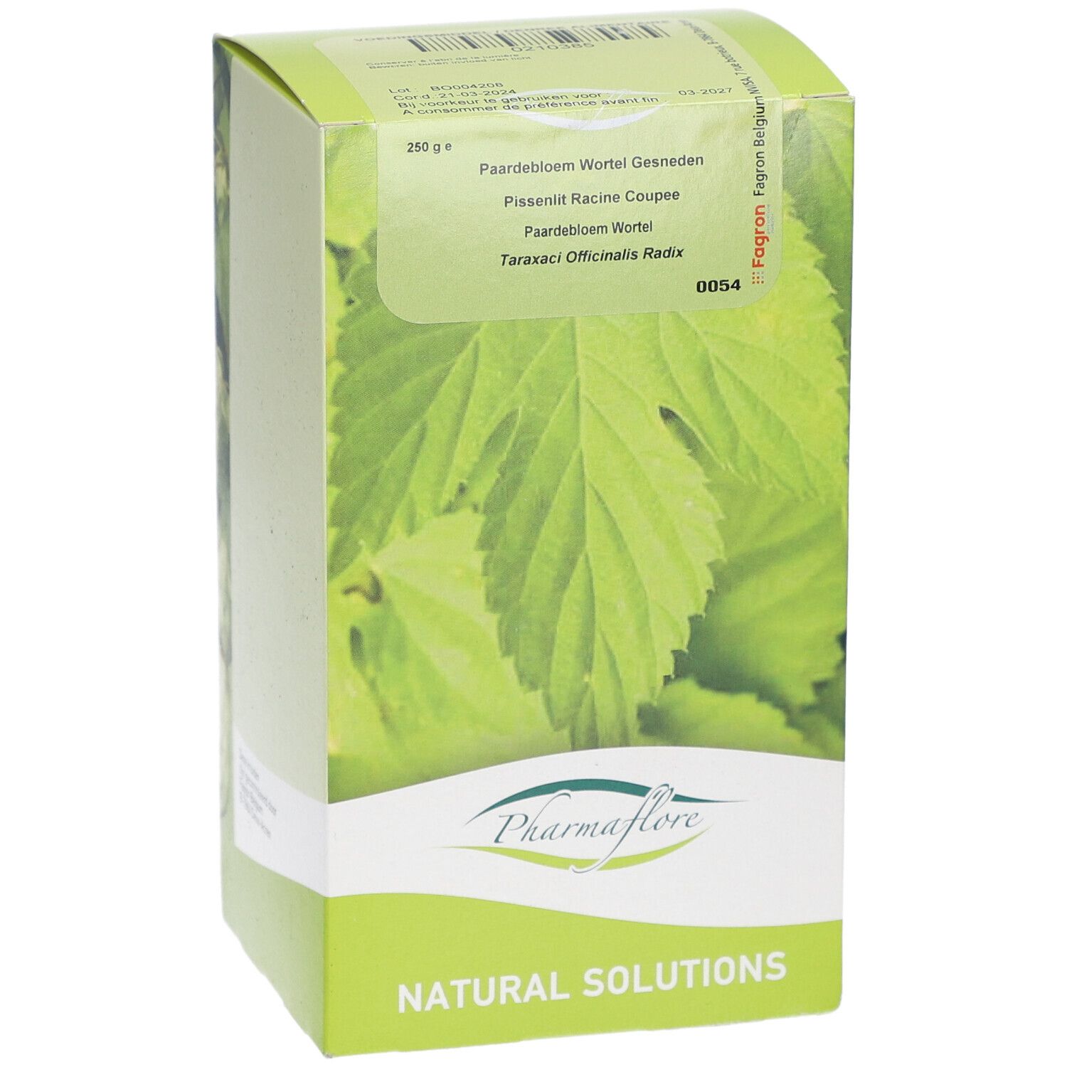 Grüne Kartonverpackung mit Blättern und Produktnamen Pharmaflore. Text: Racine de Pissenlit Coupée. Inschrift 250 g.