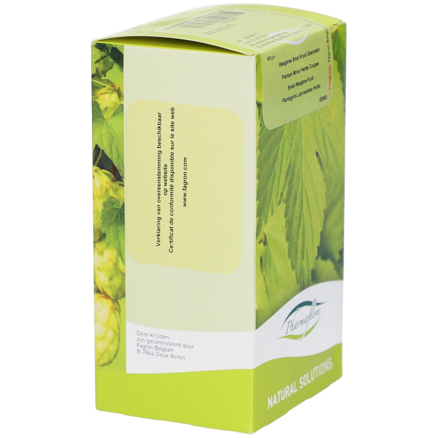 Seitenansicht der Pharmaflore-Verpackung. Grün-weißes Design mit Blättern. Text in mehreren Sprachen.