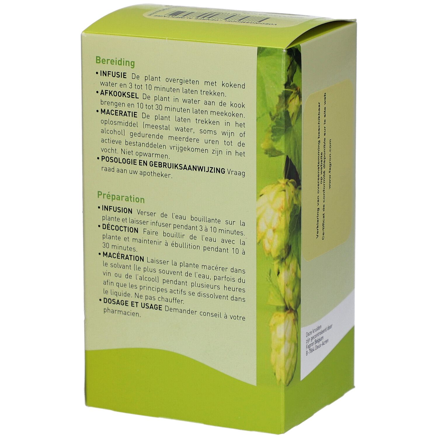 Rückseite der Pharmaflore-Verpackung. Grün-weißes Design. Text mit Zubereitungsanweisungen in mehreren Sprachen.