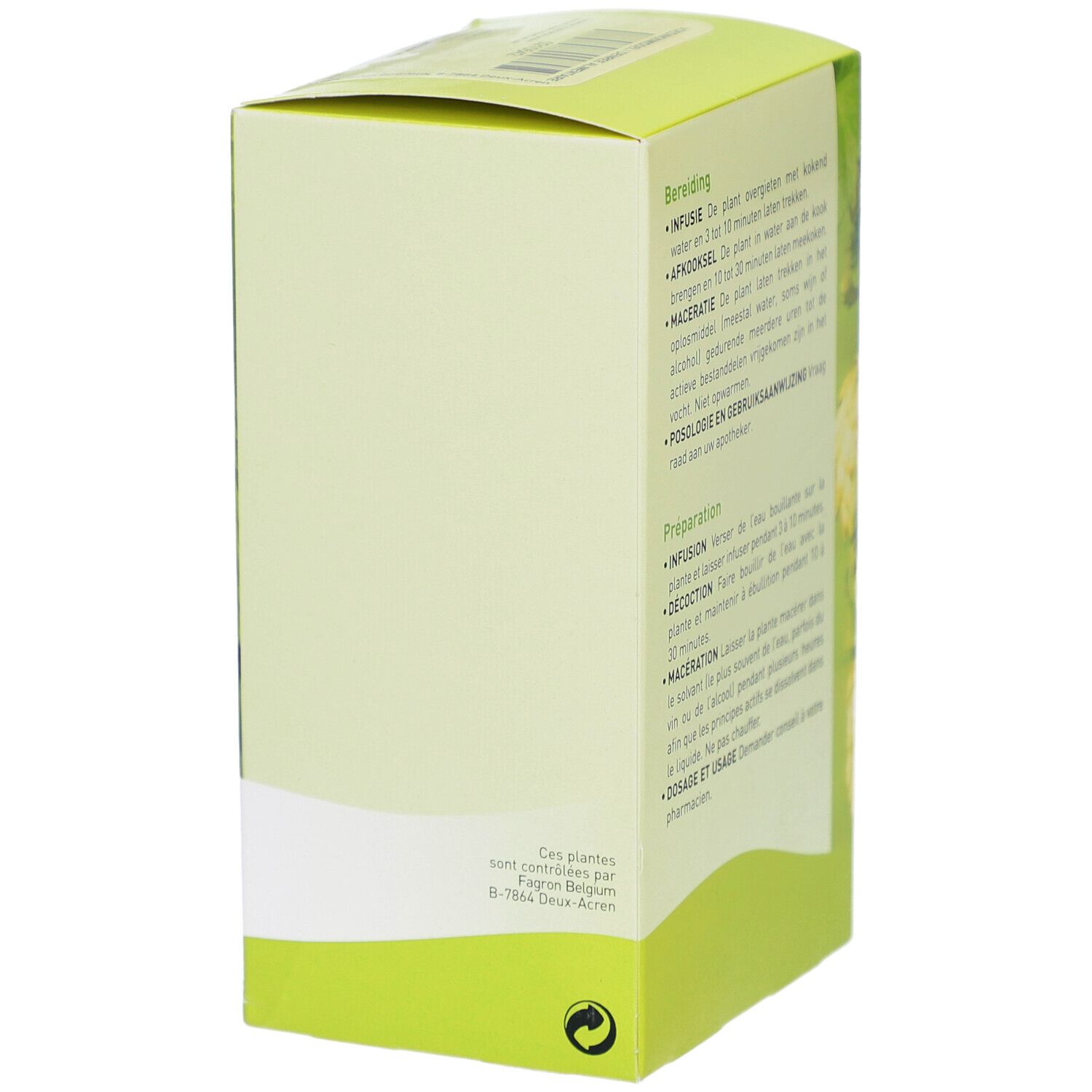 Rückseite der Pharmaflore-Verpackung. Grün-weißes Design. Text mit Zubereitungsanweisungen in mehreren Sprachen.