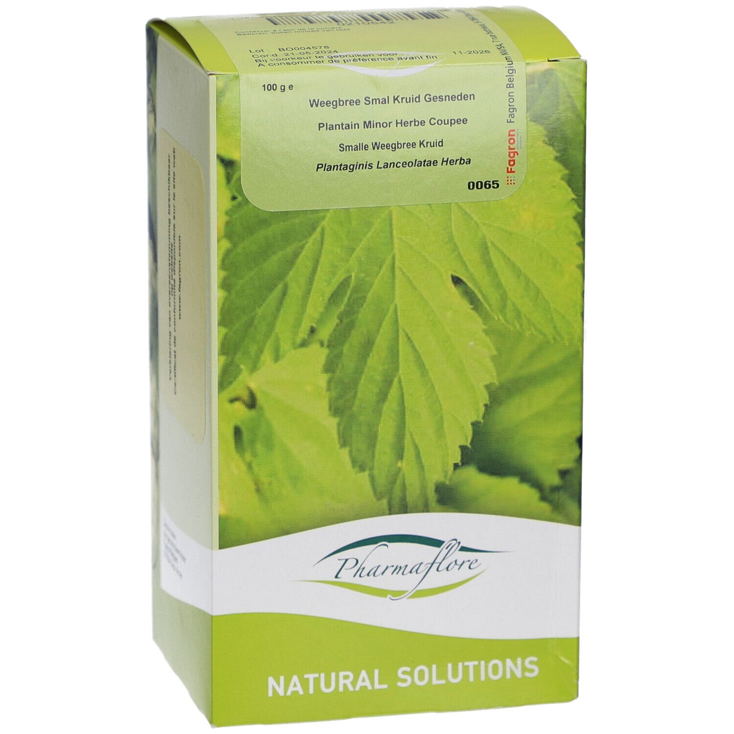 Pharmaflore-Verpackung mit Produktnamen und Blättern. Grün-weißes Design. Text in mehreren Sprachen.