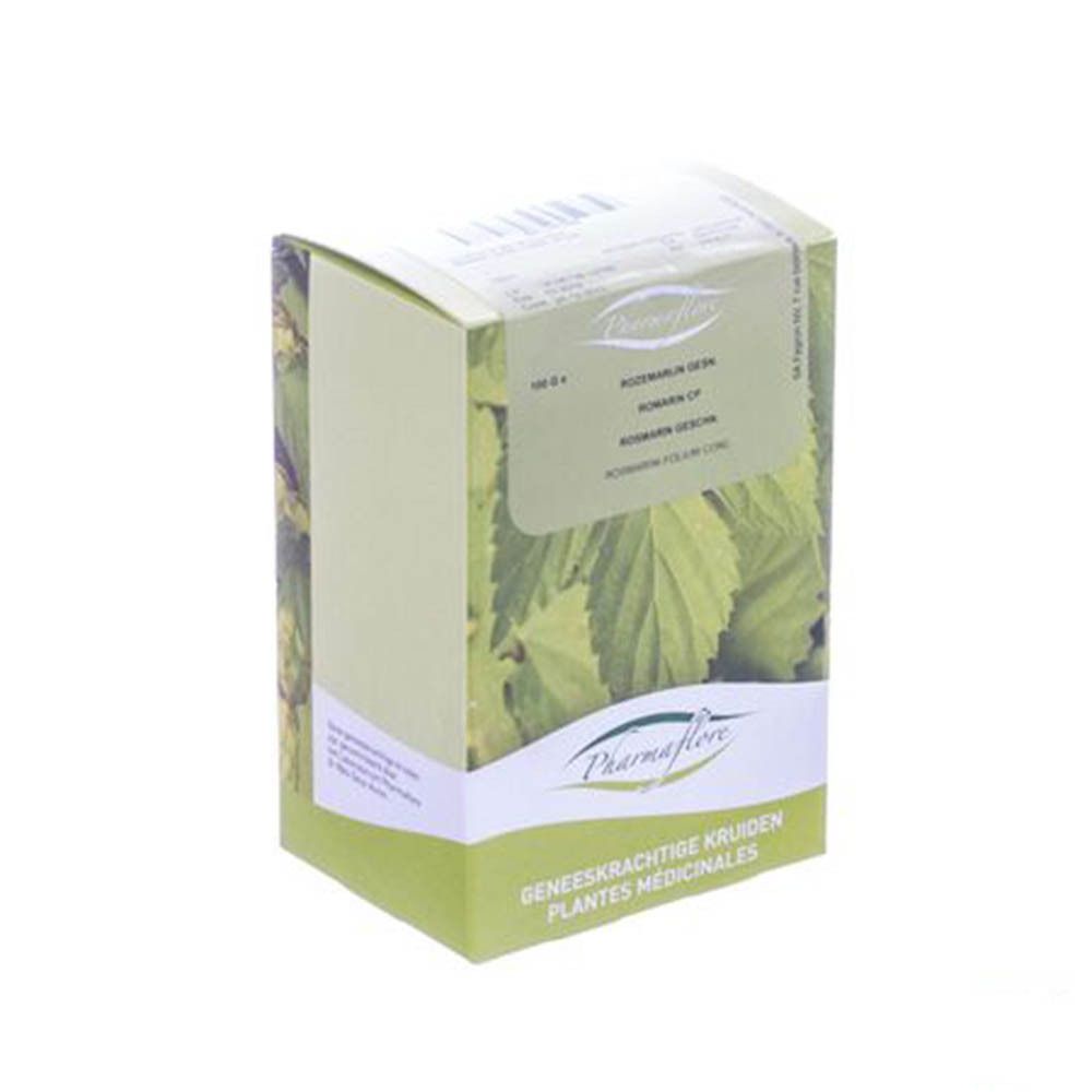 Vue en biais de la boîte Pharmaflore Romarin Coupé. Nom du produit, logo et texte.